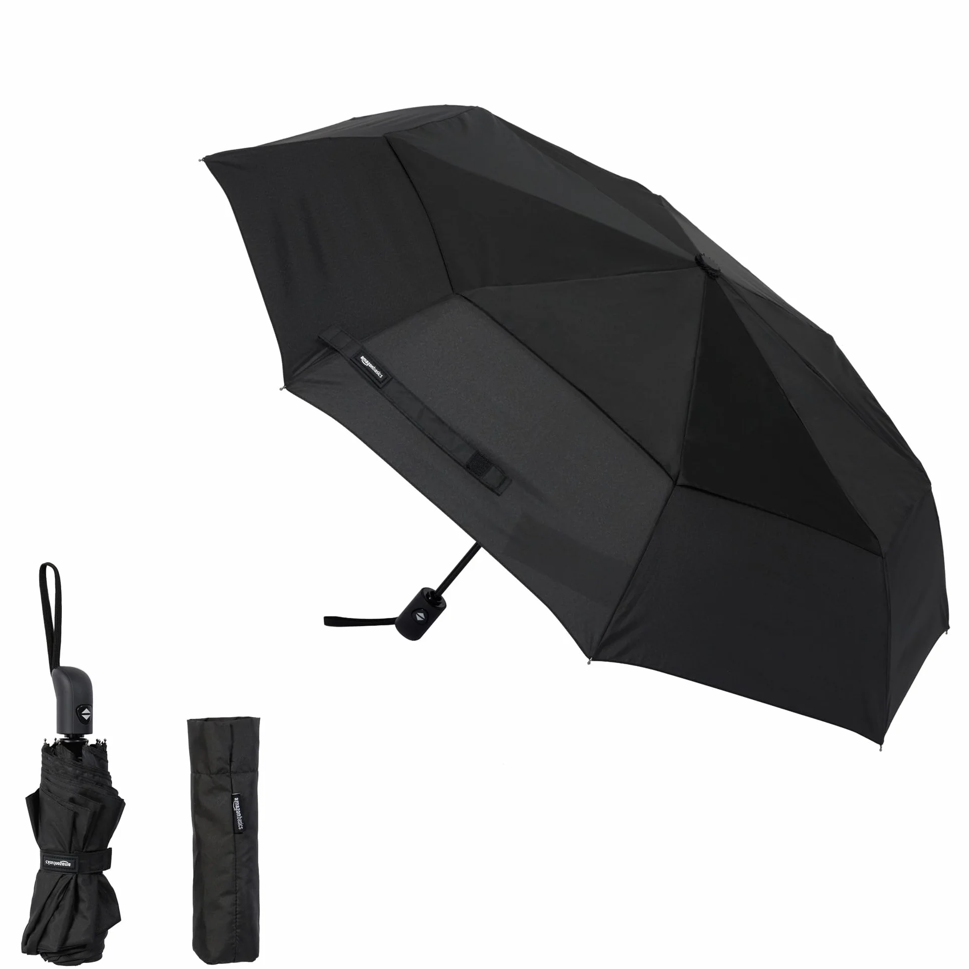 Amazon Basics Parapluie de voyage automatique compact 98 cm, résistant au vent, avec aération, noir