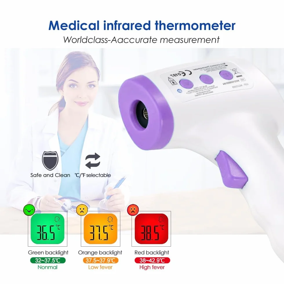 Thermomètre Infrarouge Sans Contact avec Écran LCD Rétroéclairé - Alarme Fièvre et Mémoire 50 Mesures
