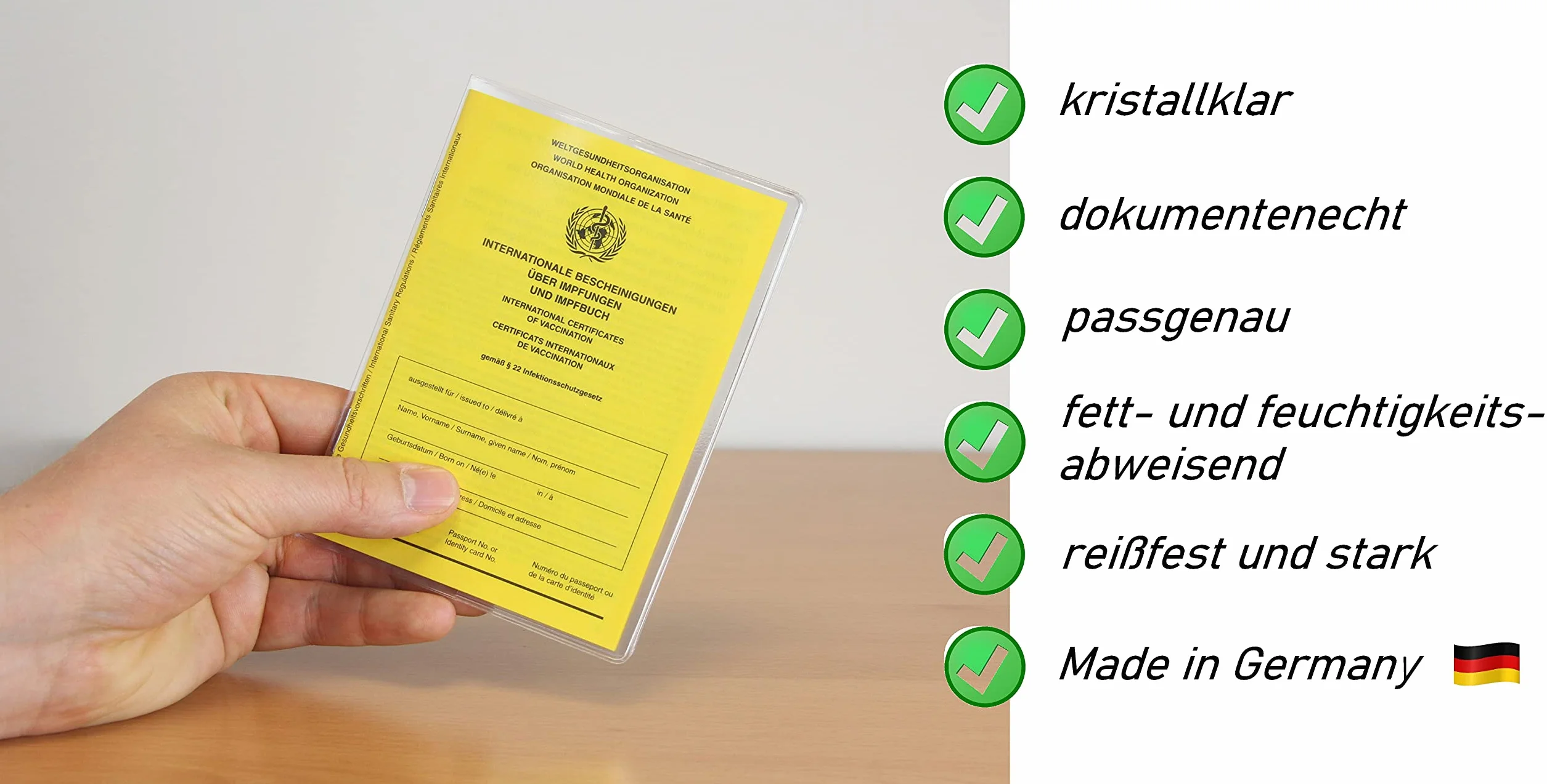 Couverture de protection pour certificat de vaccination transparente 10 x 13,7 cm fabriquée en Allemagne