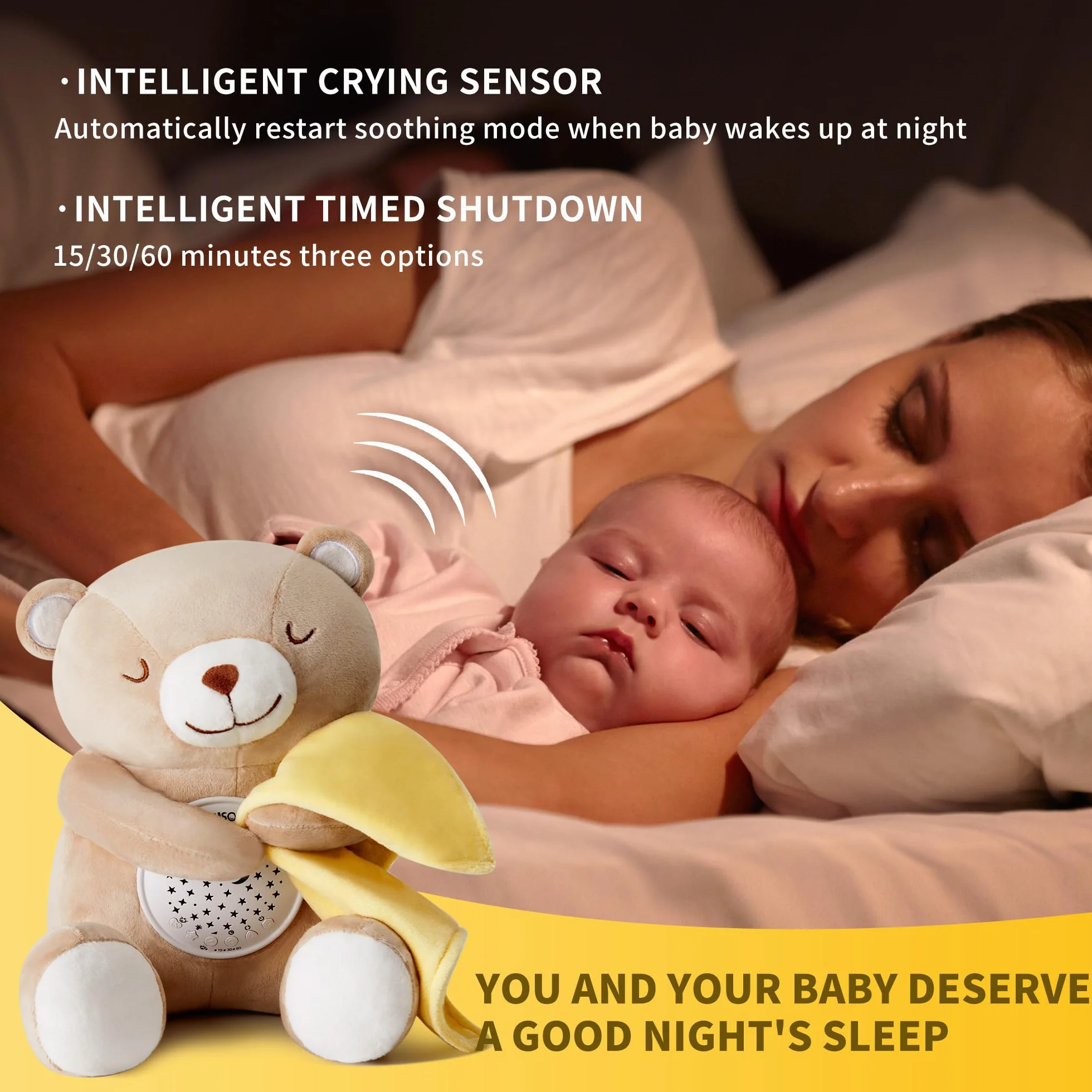 APUNOL Jouet en Peluche Musical Lumineux Bébé, Veilleuse Apaisante Ours avec Berceuse Projection Lumineuse Bruit Blanc, Cadeau Naissance