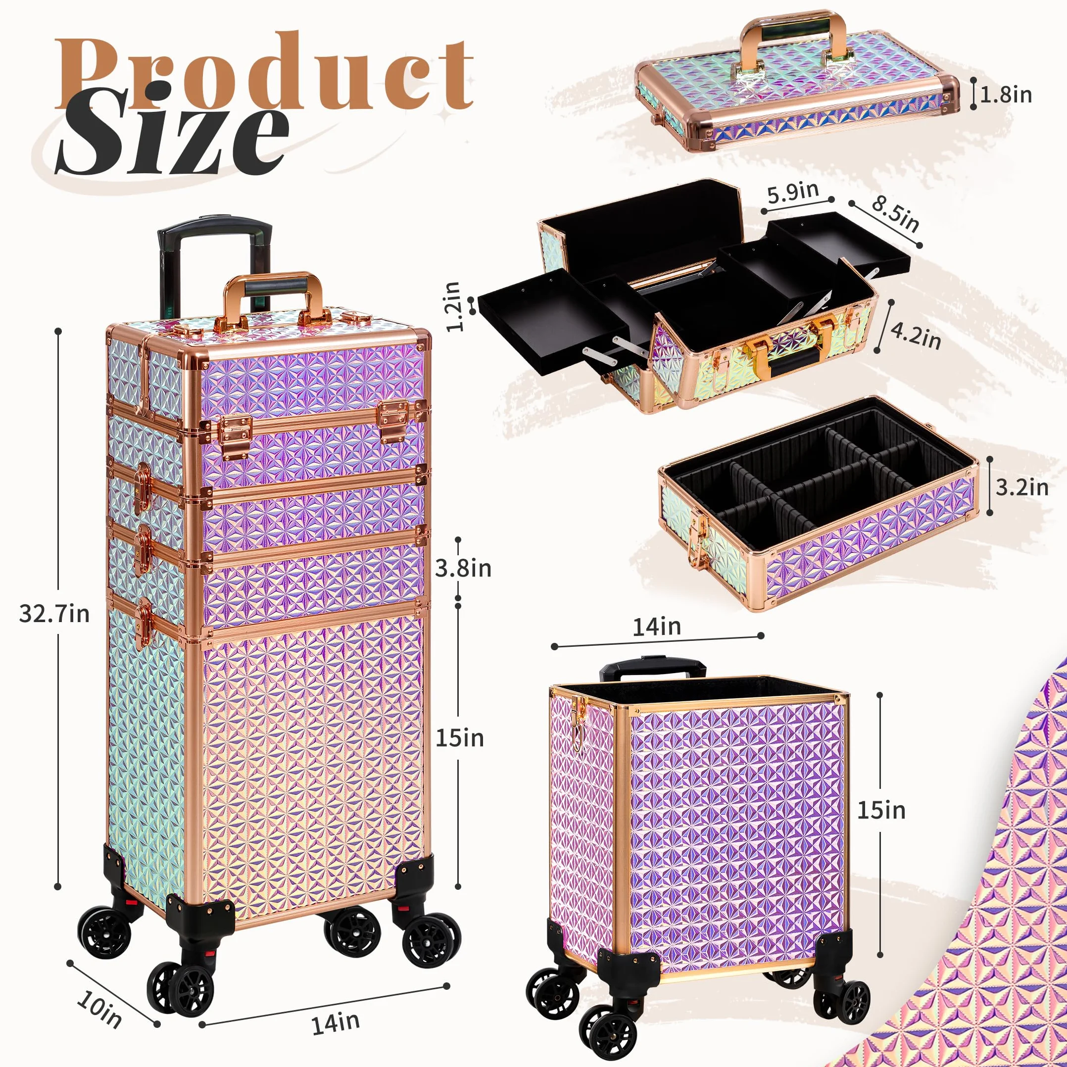 Mallette de maquillage professionnelle en aluminium 5 en 1 avec roulettes pivotantes 360°