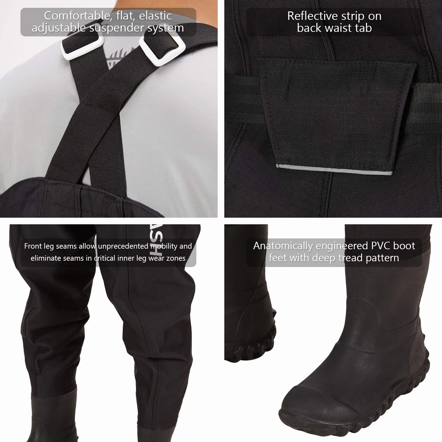 Bassdash Cuissardes de pêche 3D Ultra Haute résistance Nylon Carreaux Noir PVC Waders Hommes