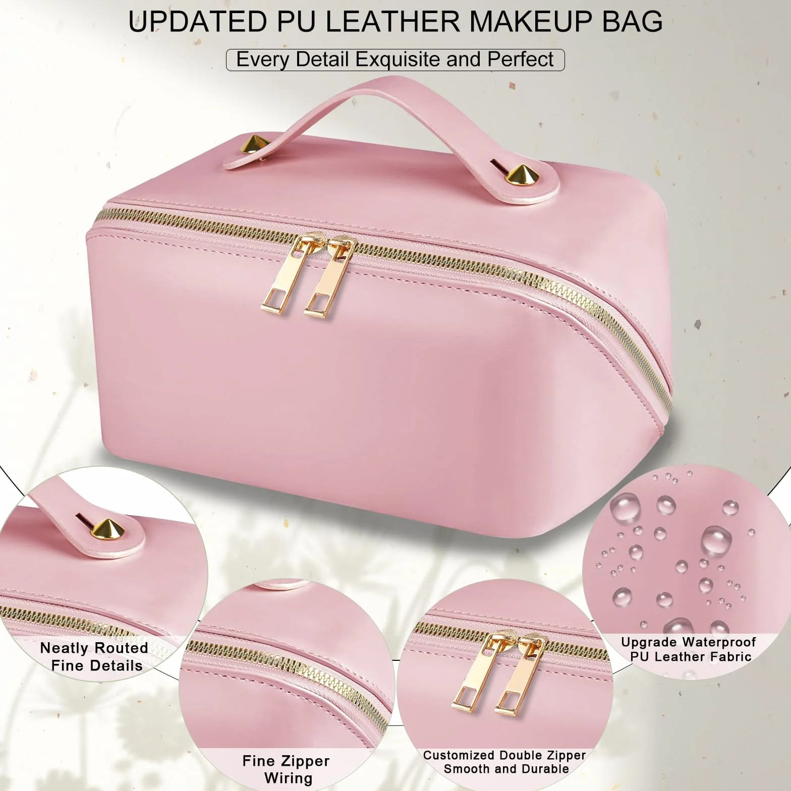 Grande Trousse de Toilette Femme Voyage XXL en Cuir PU, Makeup Bag Organizer Rose