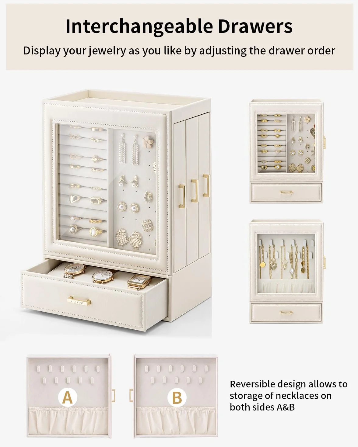 VALNDO Armoire à bijoux 5 niveaux avec couvercle en verre, tiroirs latéraux, organisateur vertical beige-rose