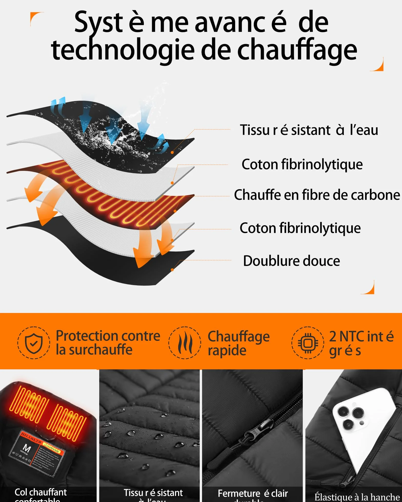 Gilet Chauffant Homme 20000mAh 7.4V 8 Zones de Chauffage 3 Niveaux de Chaleur Électrique Plein Air