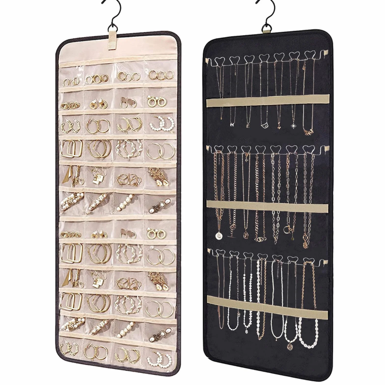 Organisateur de Bijoux à Suspendre avec Crochet Métal, Rangement Boucle d'Oreille Rotatif 360°, Double Face, Noir