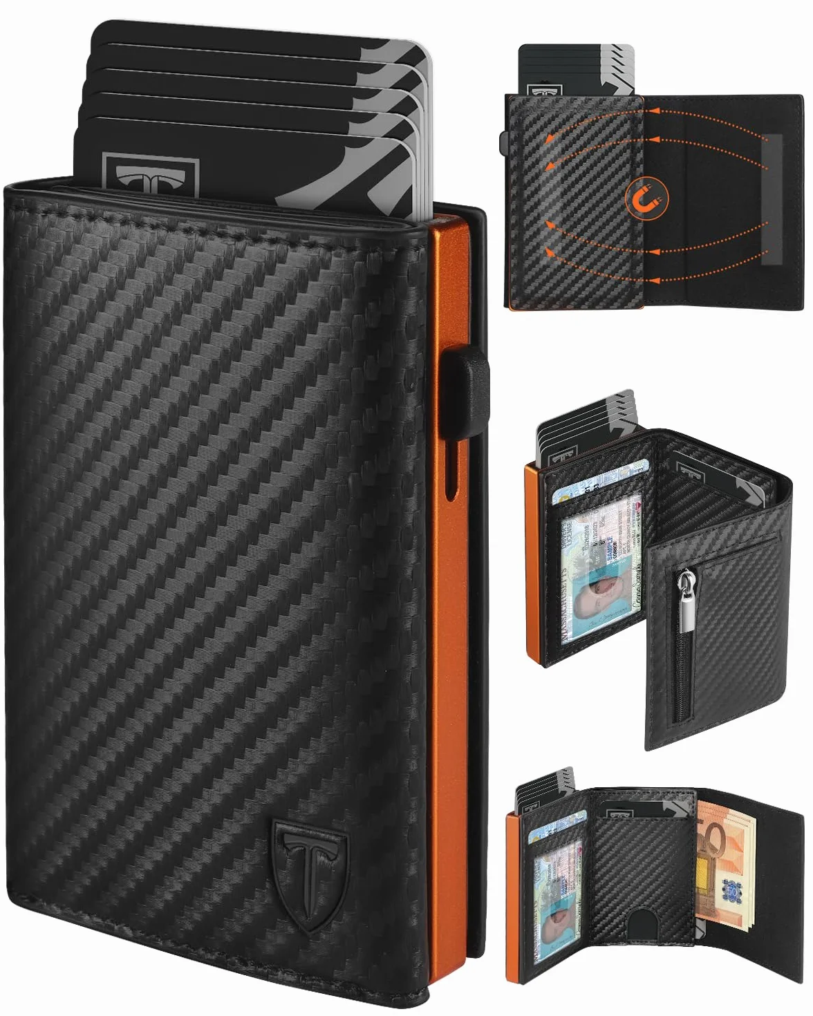 TEEHON Portefeuille Homme Fibre de Carbone Magnétique Porte Carte RFID Blocage Compartiment Billets Monnaie Noir Orange