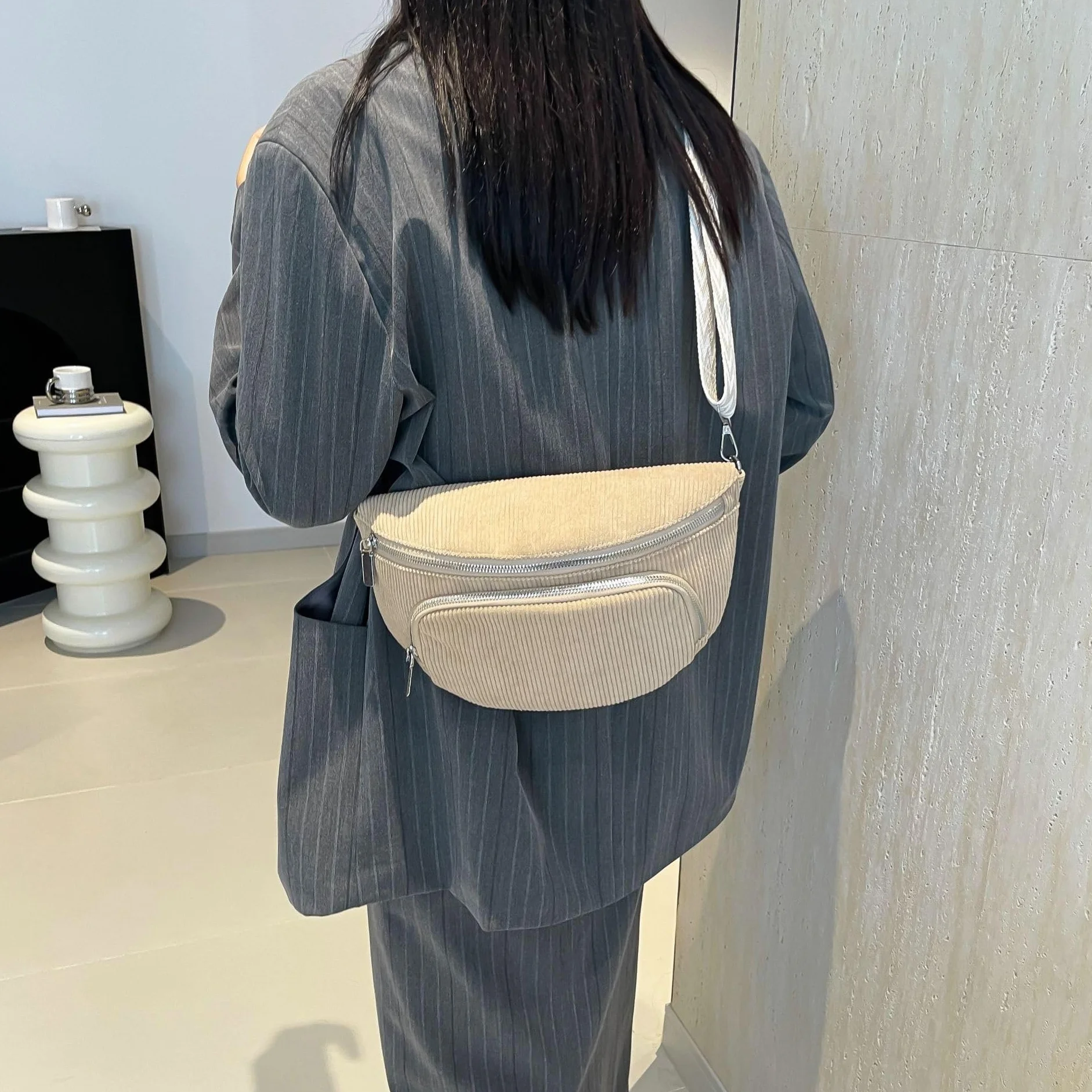 Sac banane femme en velours côtelé grande capacité voyage promener chien