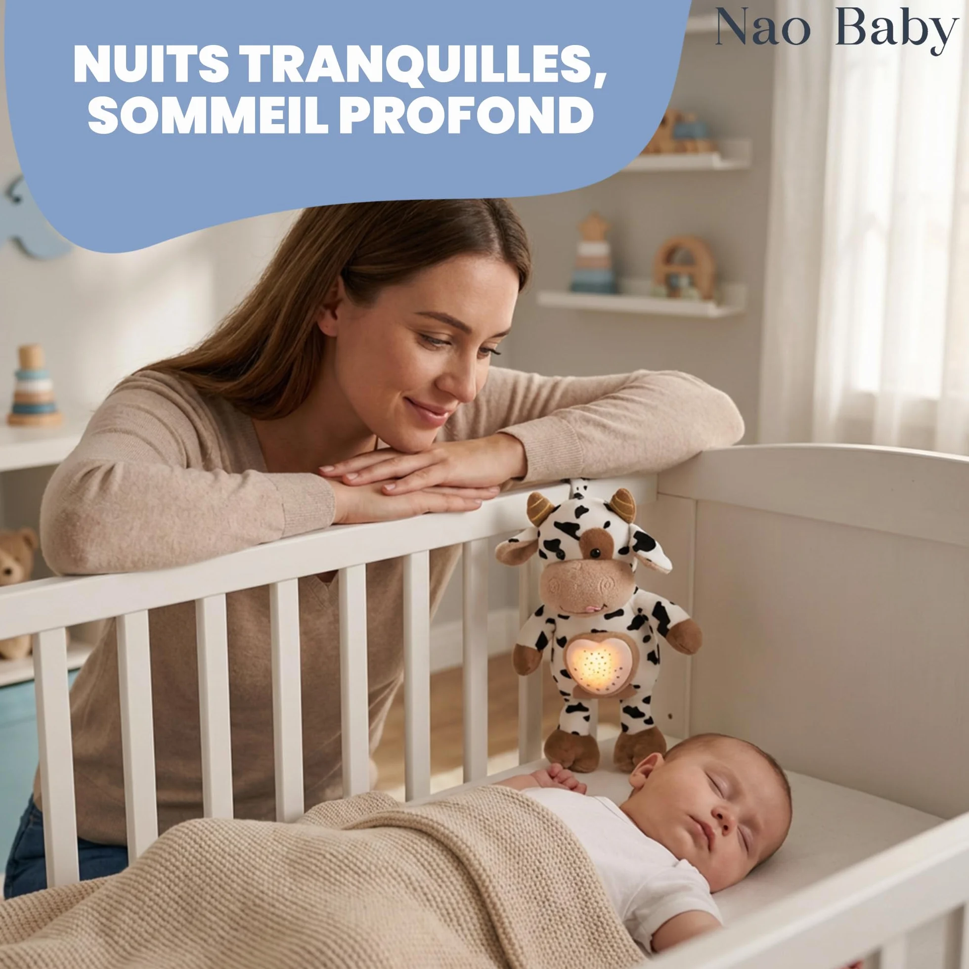 Peluche Bruit Blanc Bébé Veilleuse Musicale – 15 Mélodies avec Détecteur de Pleurs et Minuterie – Rechargeable USB – Cadeau Naissance