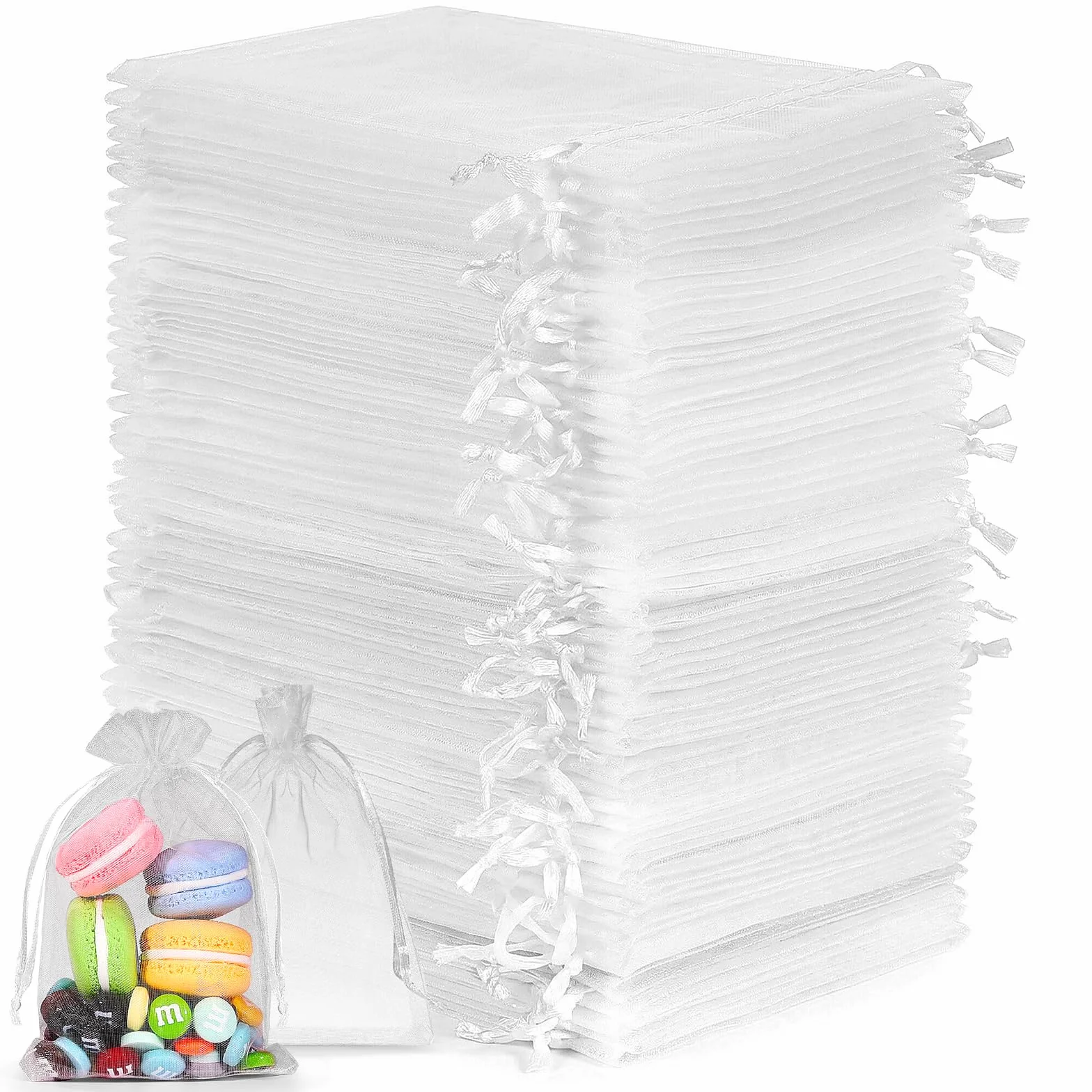 Sachet Organza 100 Pièces, Pochette Bijoux avec Cordon de Satin 10x15 cm Sac Cadeau Mariage (Blanc)