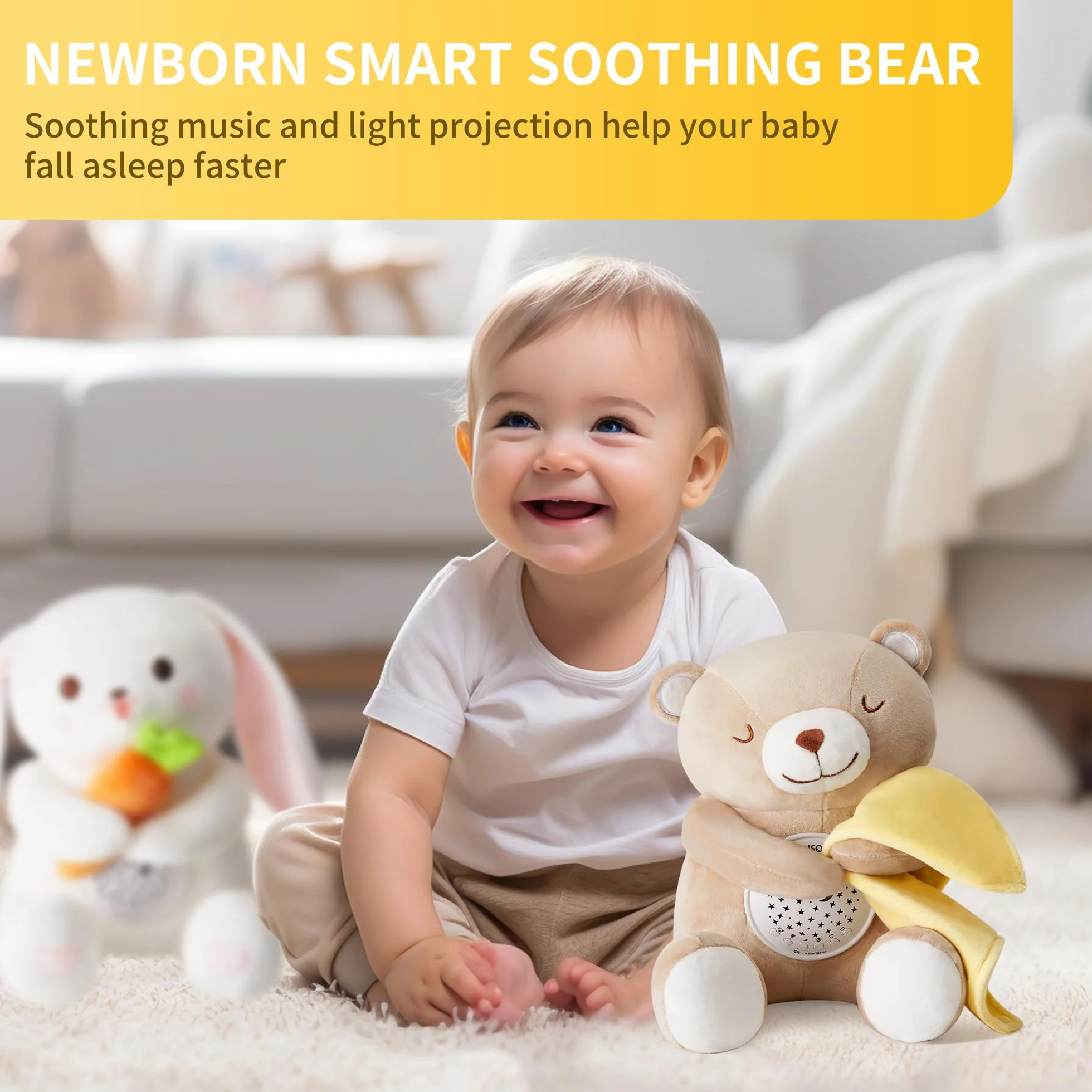 APUNOL Jouet en Peluche Musical Lumineux Bébé, Veilleuse Apaisante Ours avec Berceuse Projection Lumineuse Bruit Blanc, Cadeau Naissance