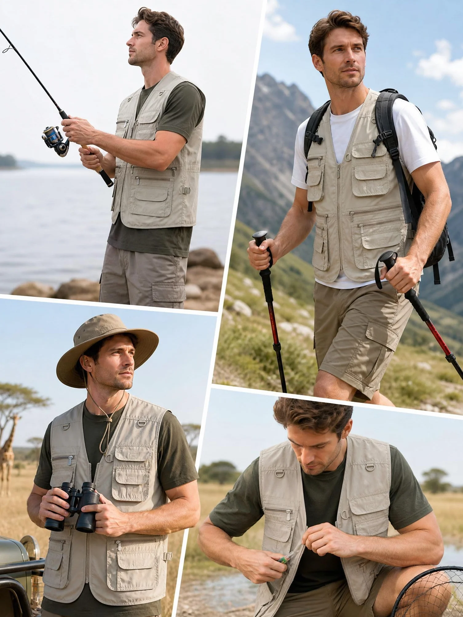 Gilet de Pêche Homme Multi-Poches Léger Respirant Séchage Rapide Veste Sport Voyage Photographie