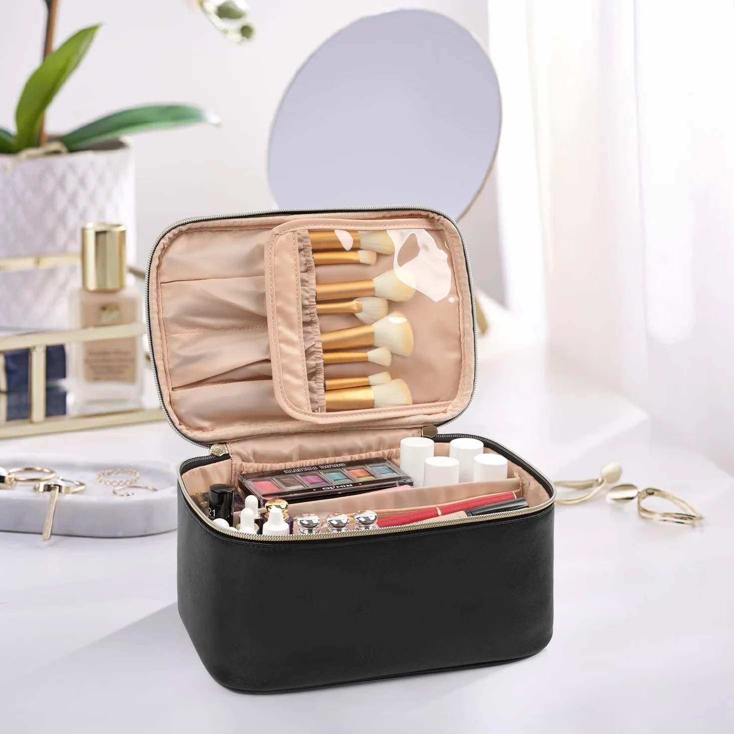 Trousse de maquillage pour femme grande voyage avec poignée et séparateur