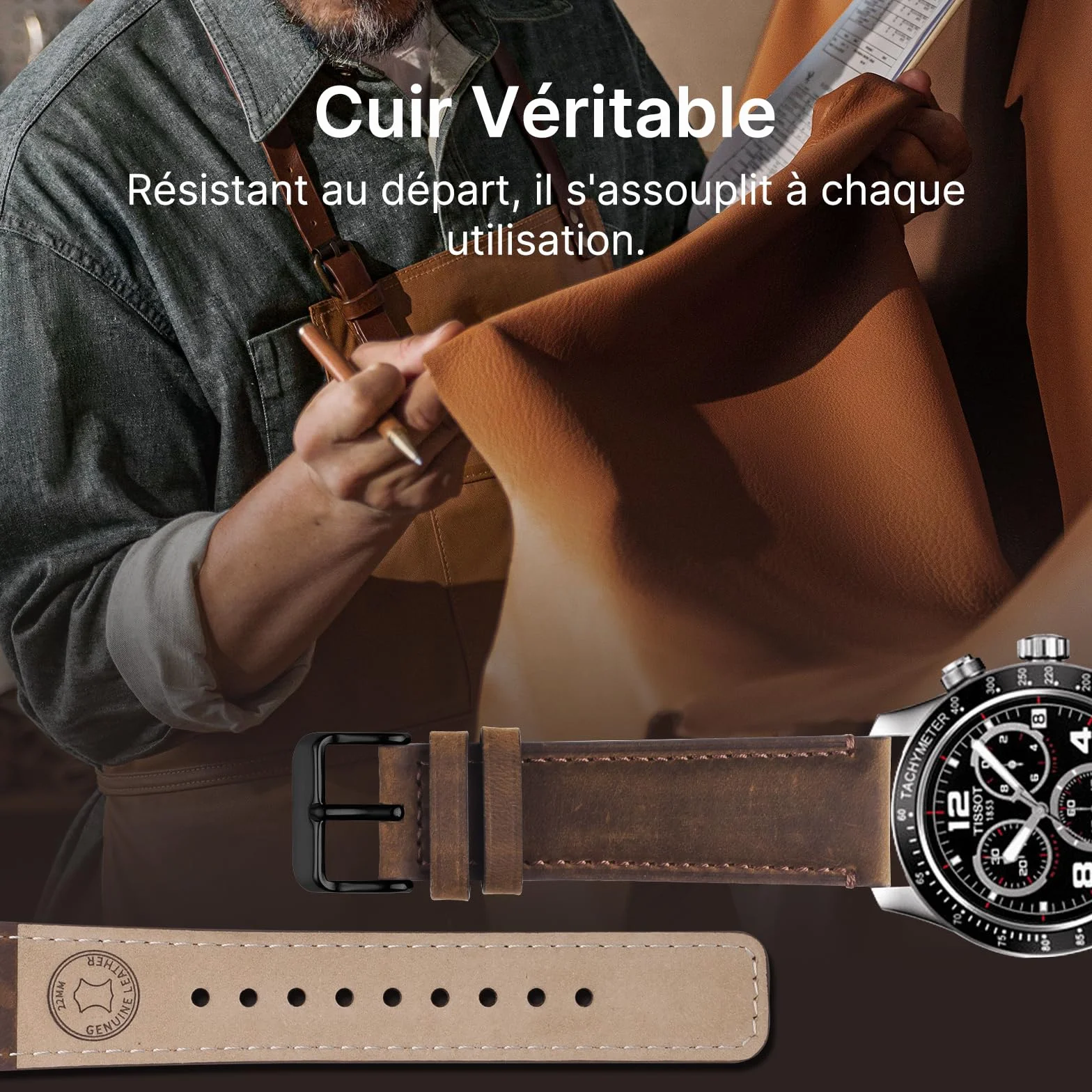 Fullmosa Lot de 2 bracelets de montre en cuir véritable 22mm, Changement rapide pour homme et femme avec fermoir en acier inoxydable compatible Samsung Gear S3 Frontier Garmin Venu 3