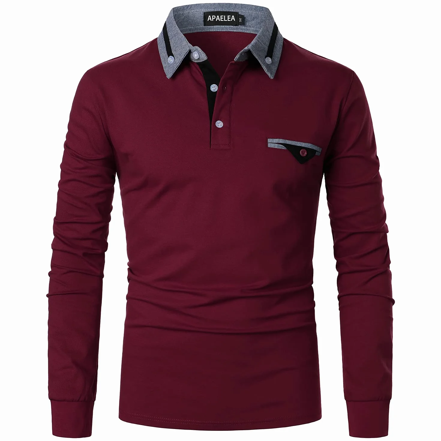 Polo de Golf Homme Manches Longues Coton Contrasté Plaid Tennis Shirt