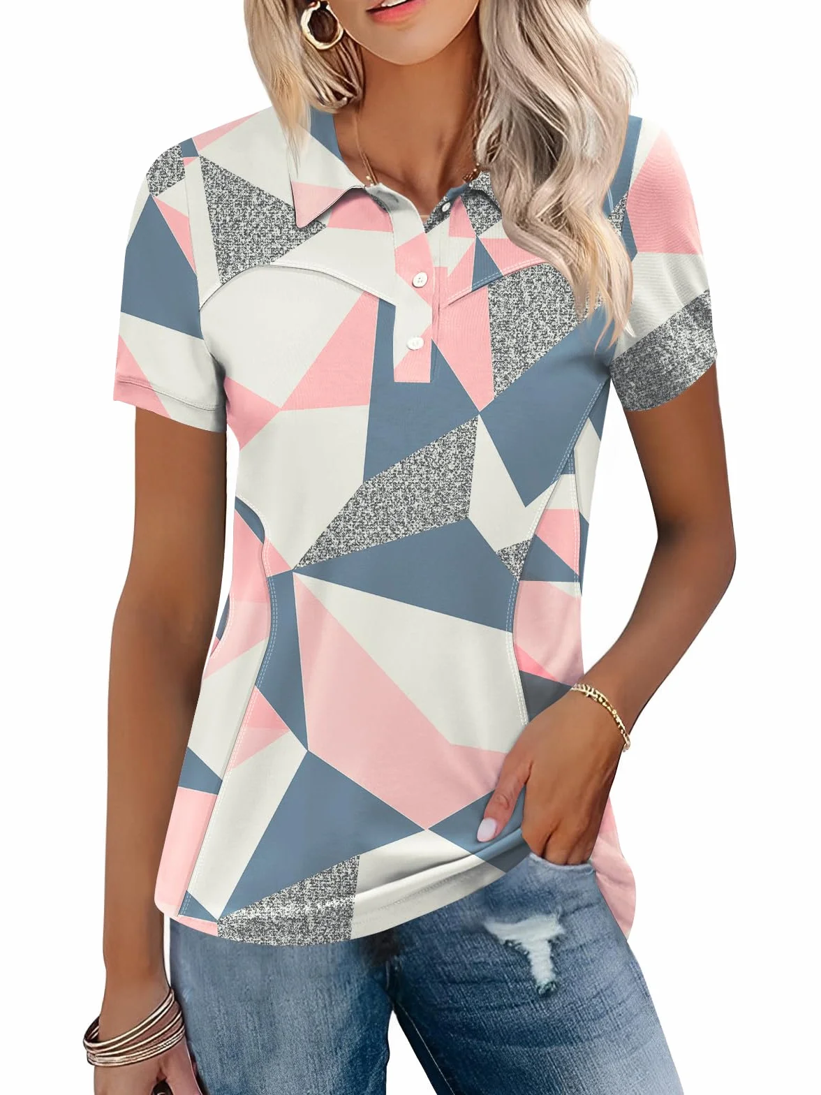IECCP Polo de golf à manches courtes pour femme, coton léger anti-humidité, haut de tennis décontracté 3 boutons