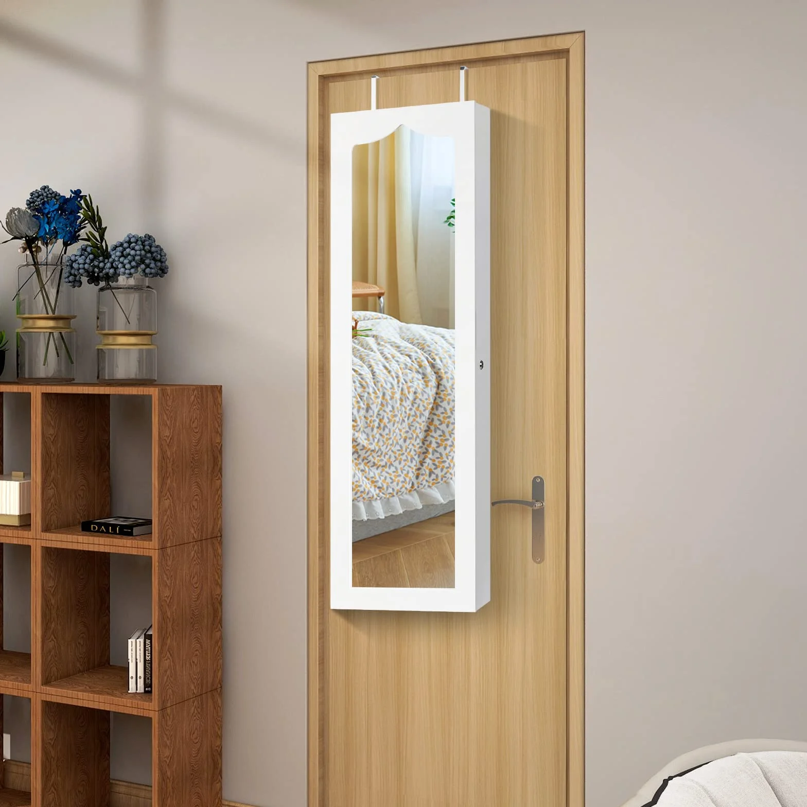 COSTWAY Armoire à Bijoux Murale LED 5 Lumières avec Miroir 6 Tiroirs 36,5 x 11,5 x 120 cm Blanc