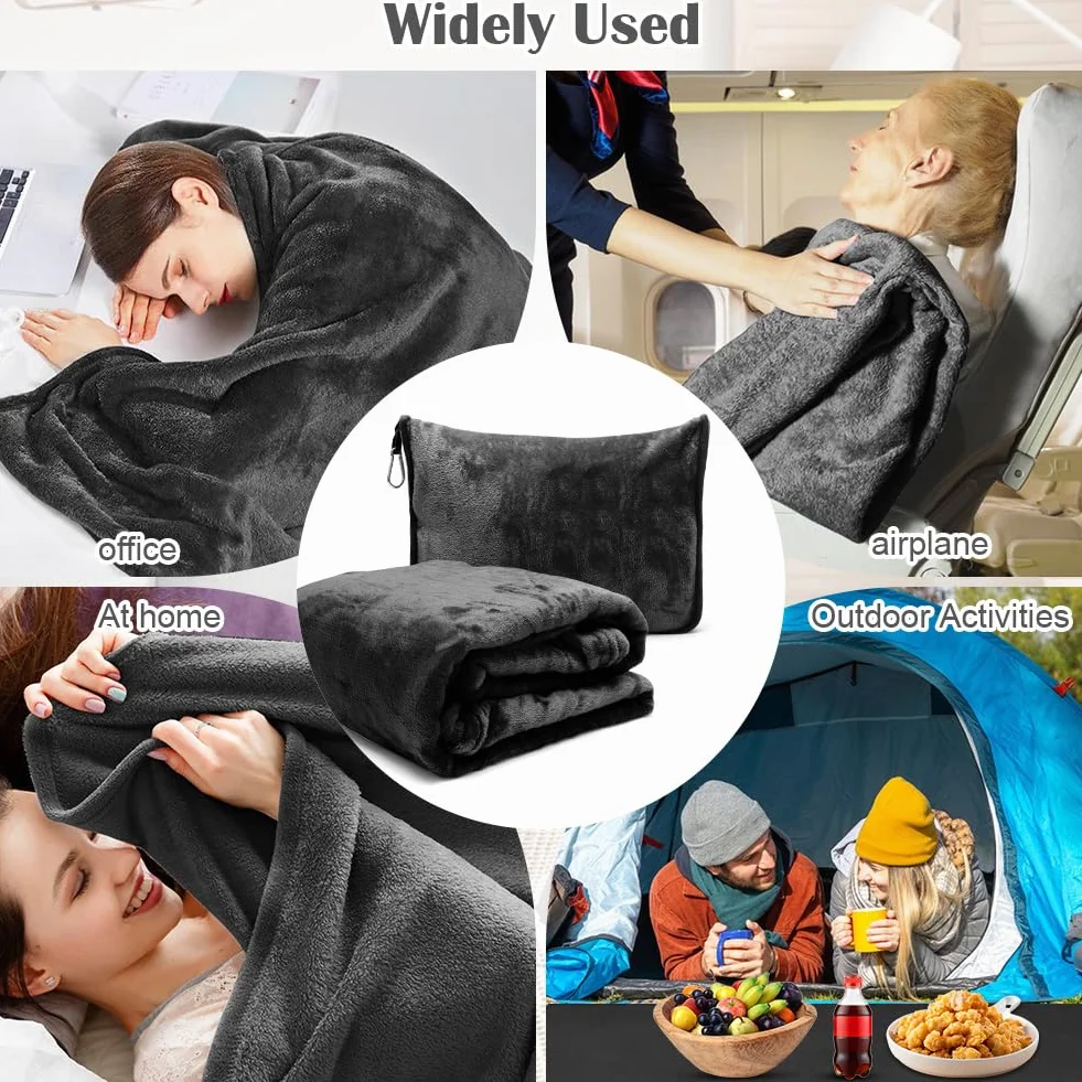 Couverture de Voyage Avion 2 en 1 avec Coussin, Bagages et Clip, Douce et Chaude, 127x152cm, Noir