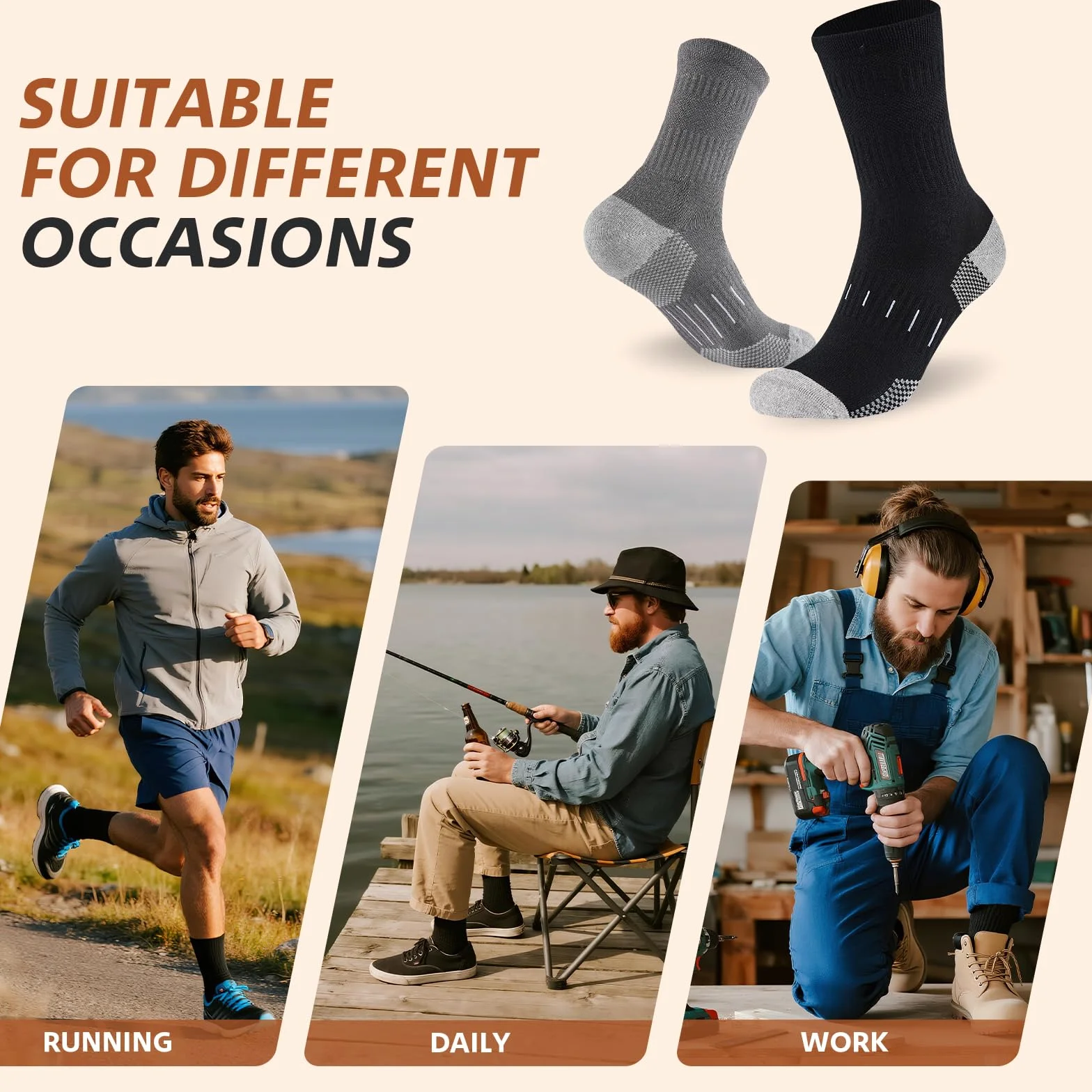 Niorasen Chaussettes Homme 4 Paires Coton Peigné Bout Talon Renforcés Sport Crew Running Randonnée