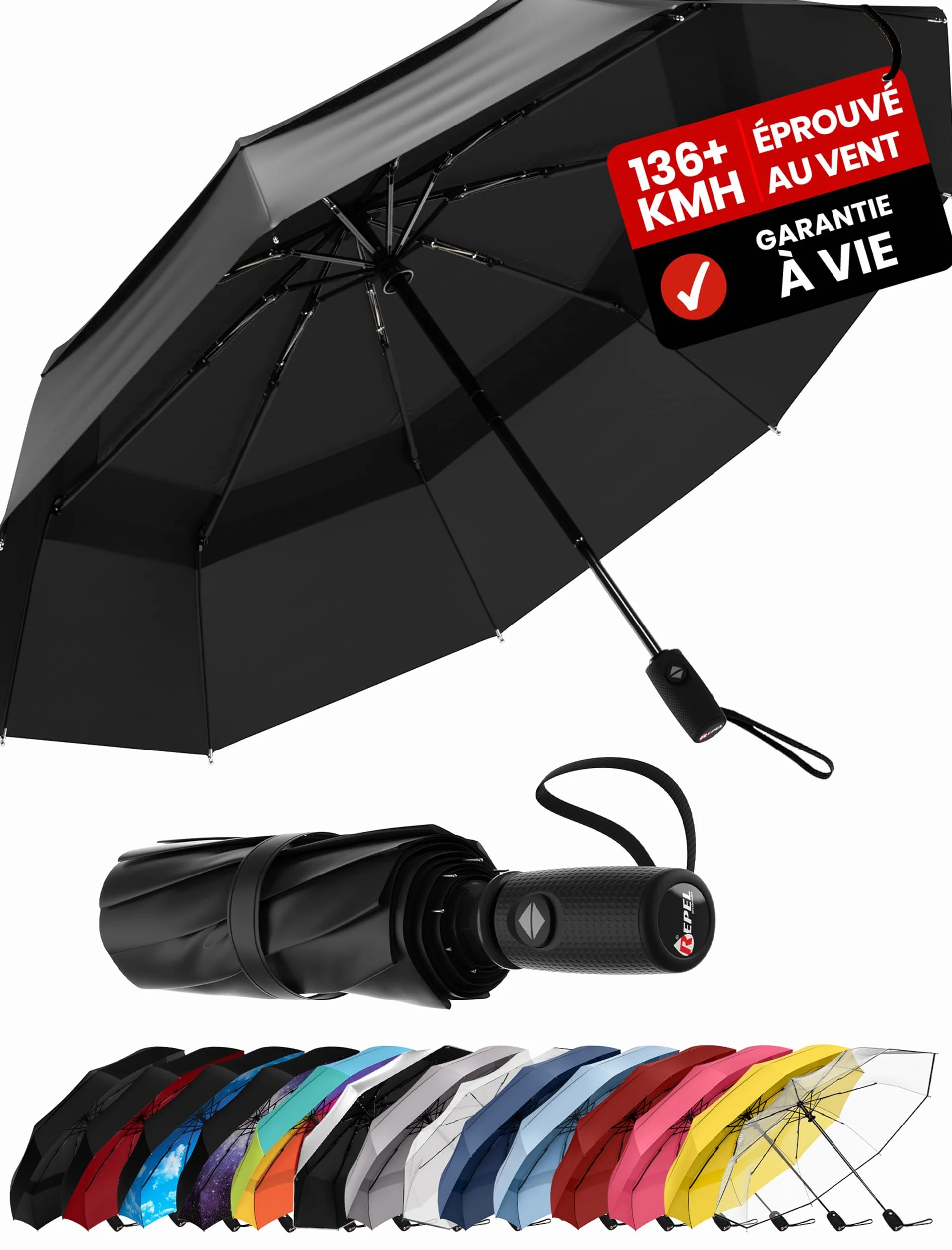 Parapluie Pliant Résistant au Vent Ouverture Automatique Armature Fibre de Verre Dôme Imperméable Compact