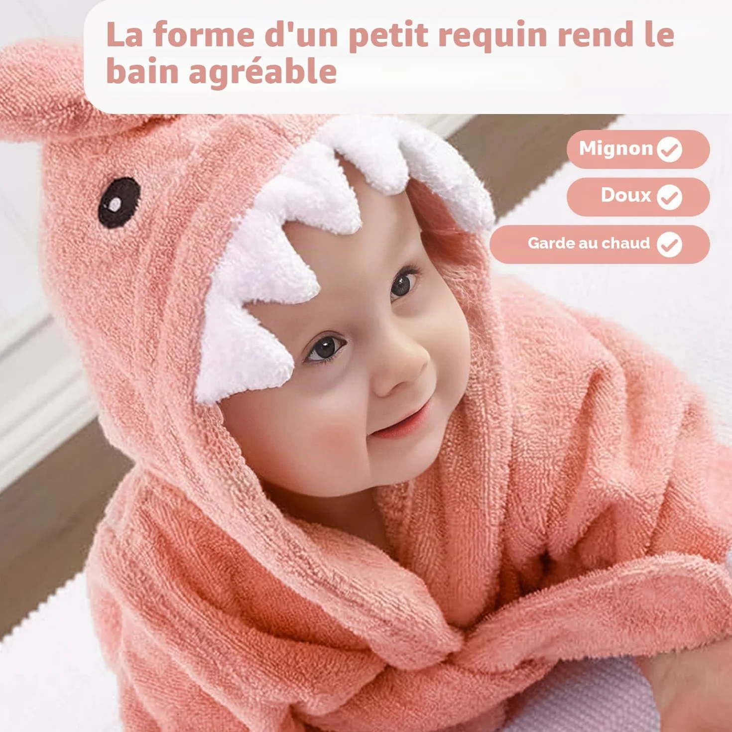 Lexikind Serviette à Capuche Bébé Peignoir de Bain Tissu Éponge Requin Rose