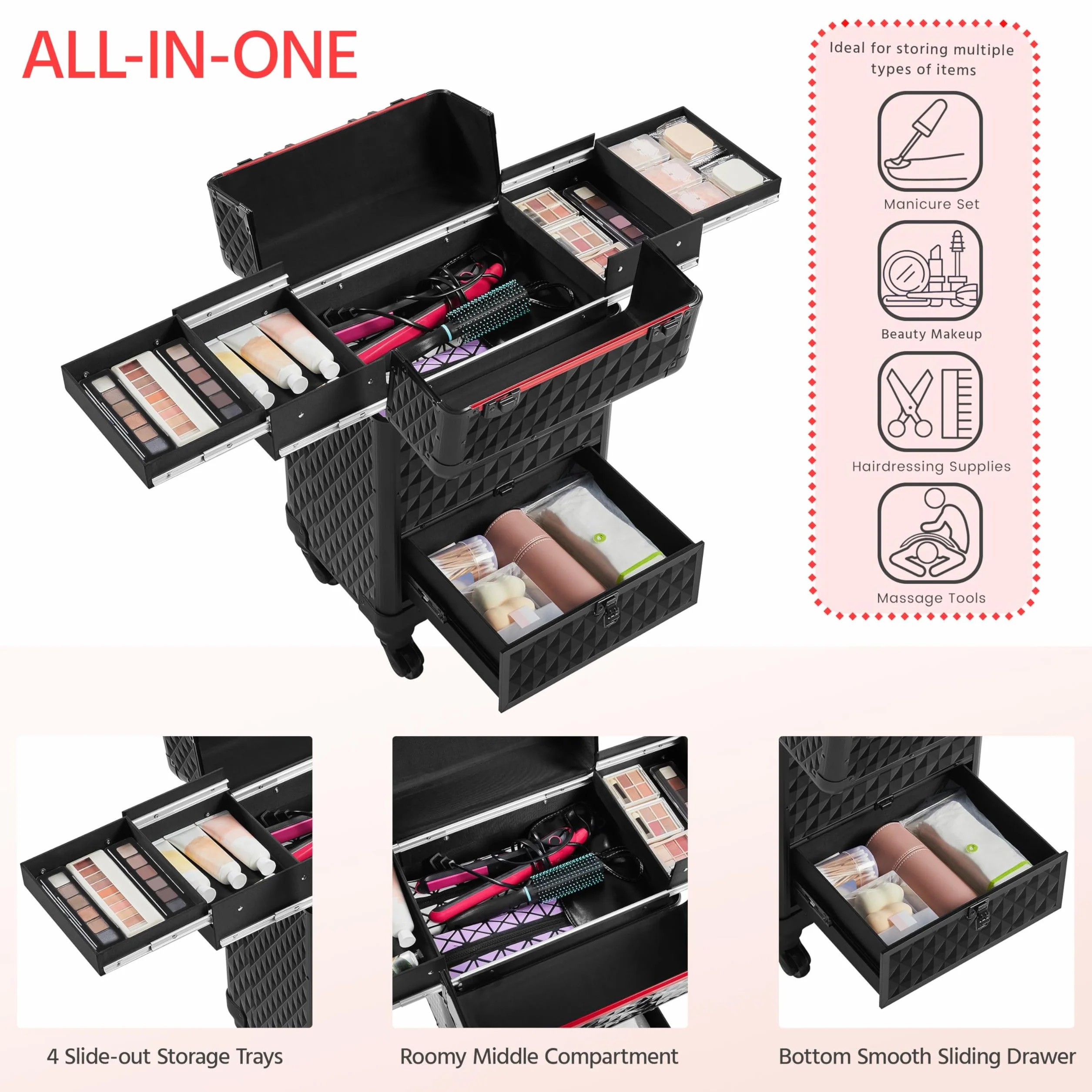 Yaheetech Valise de Maquillage Professionnel 1 Tiroir Mallette Verrouillable 4 Plateaux Rétractables 34x24x55 cm Noir Rouge