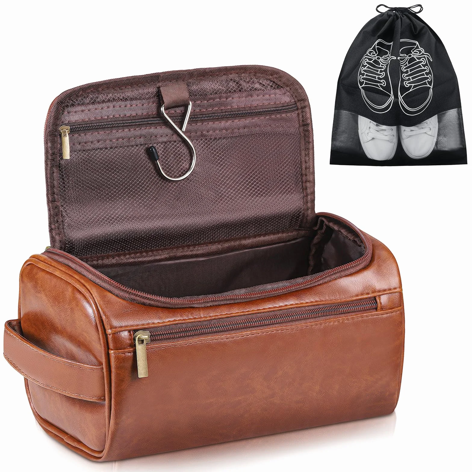 Zocipro Trousse de Toilette Homme Cuir PU Grand Sac Voyage 3 Compartiments Crochet Poignée