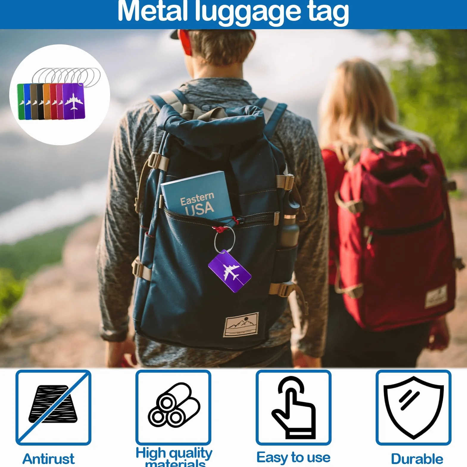 Etiquette Bagage Valise Aluminium Avion avec Carte Inox et PVC étanche Cordon Inox pour Sac à dos Voyage