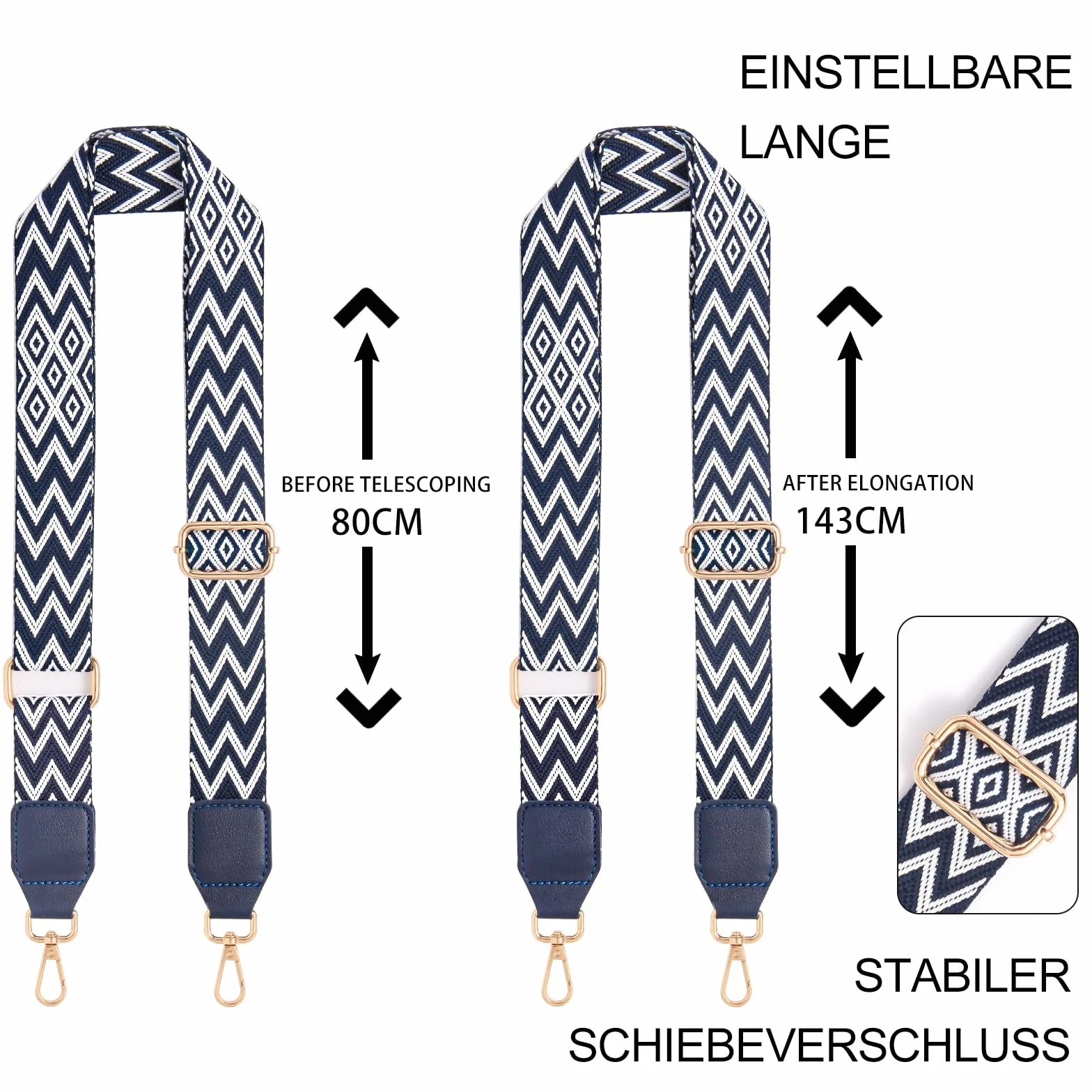 Bandoulière pour Sac à Main 3,8cm Large - Lanière pour Sac Banane, Sacoche Femme, Sac Marin - Blanc Bleu