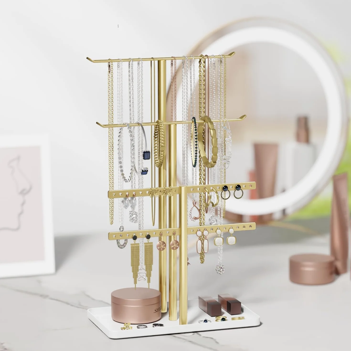 Organisateur de Support à Bijoux à 3 Niveaux - Porte-Bijoux Doré pour 80 Pièces - Cadeau pour Femmes