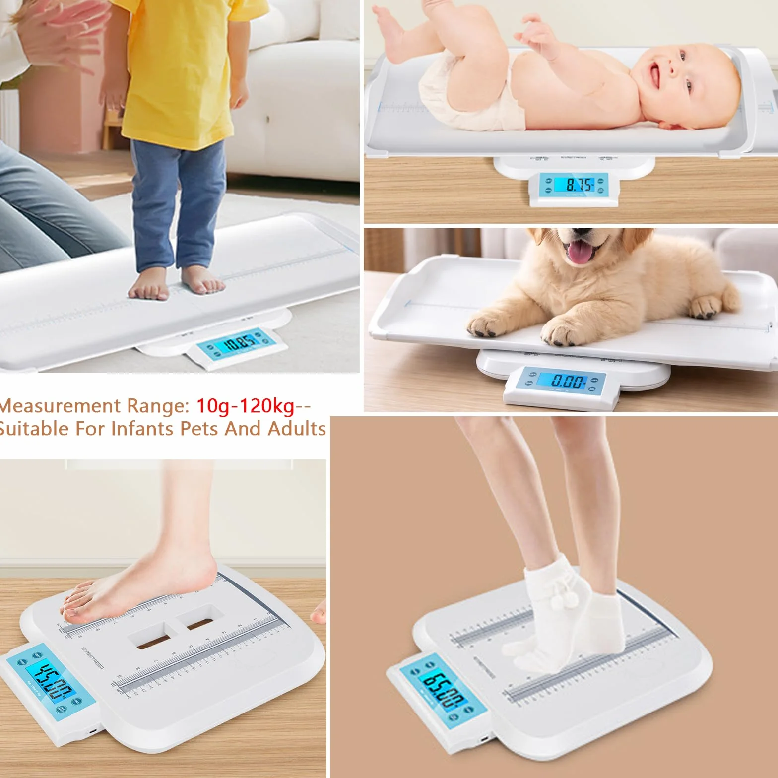 Balance Bébé Pédiatrique avec Plateau Amovible et Mesure de la Hauteur, 10 g - 120 kg