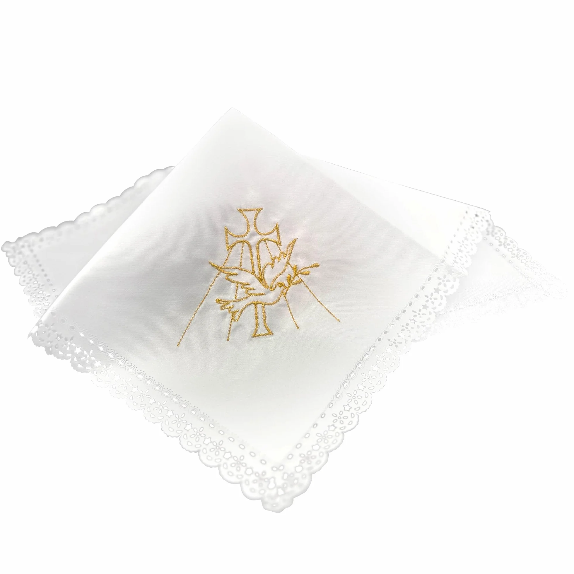 Tissu décoratif baptême blanc 35 x 35 cm croix dorée colombe dentelle