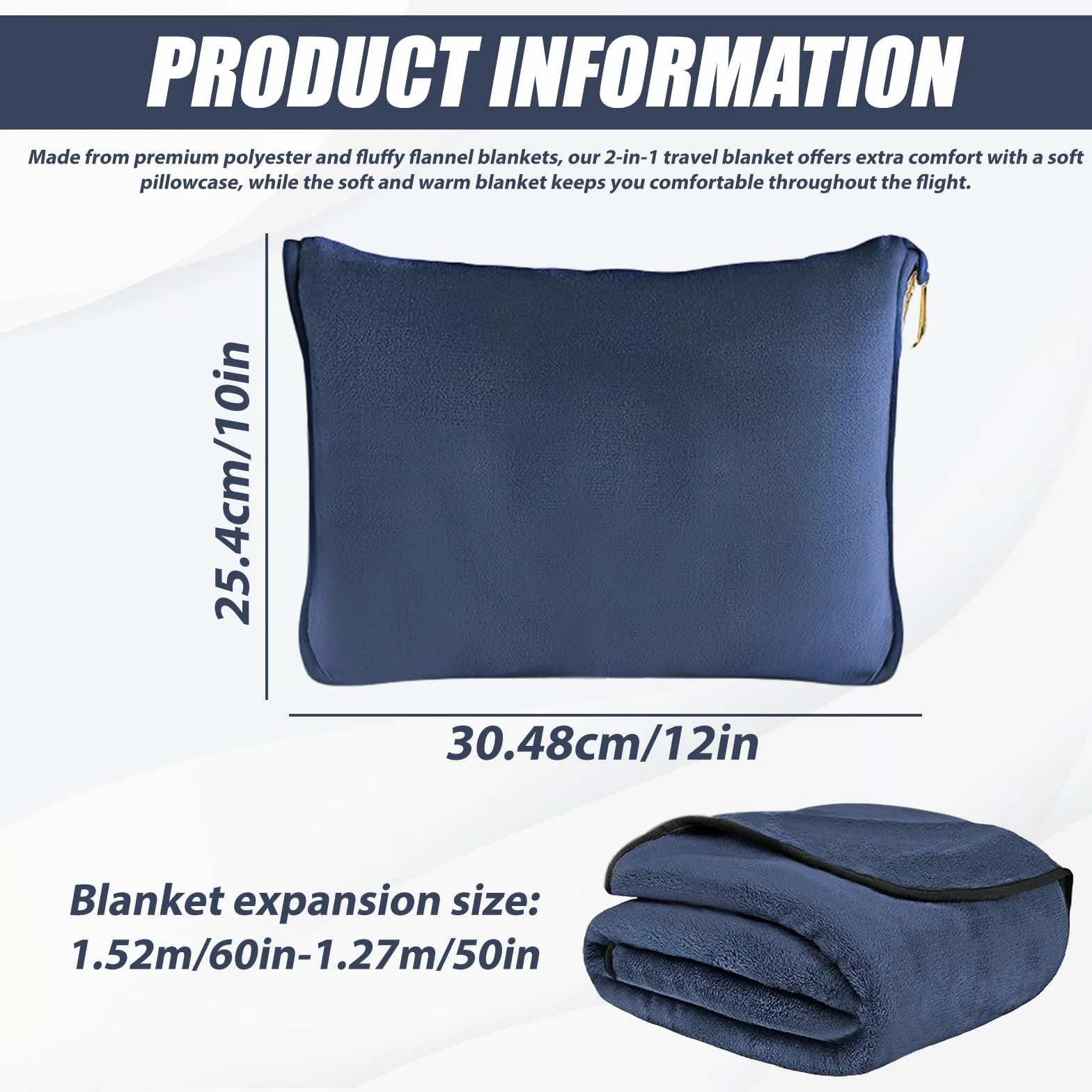 Couverture de voyage aérien 2 en 1 portable bleu marine 152 x 127 cm
