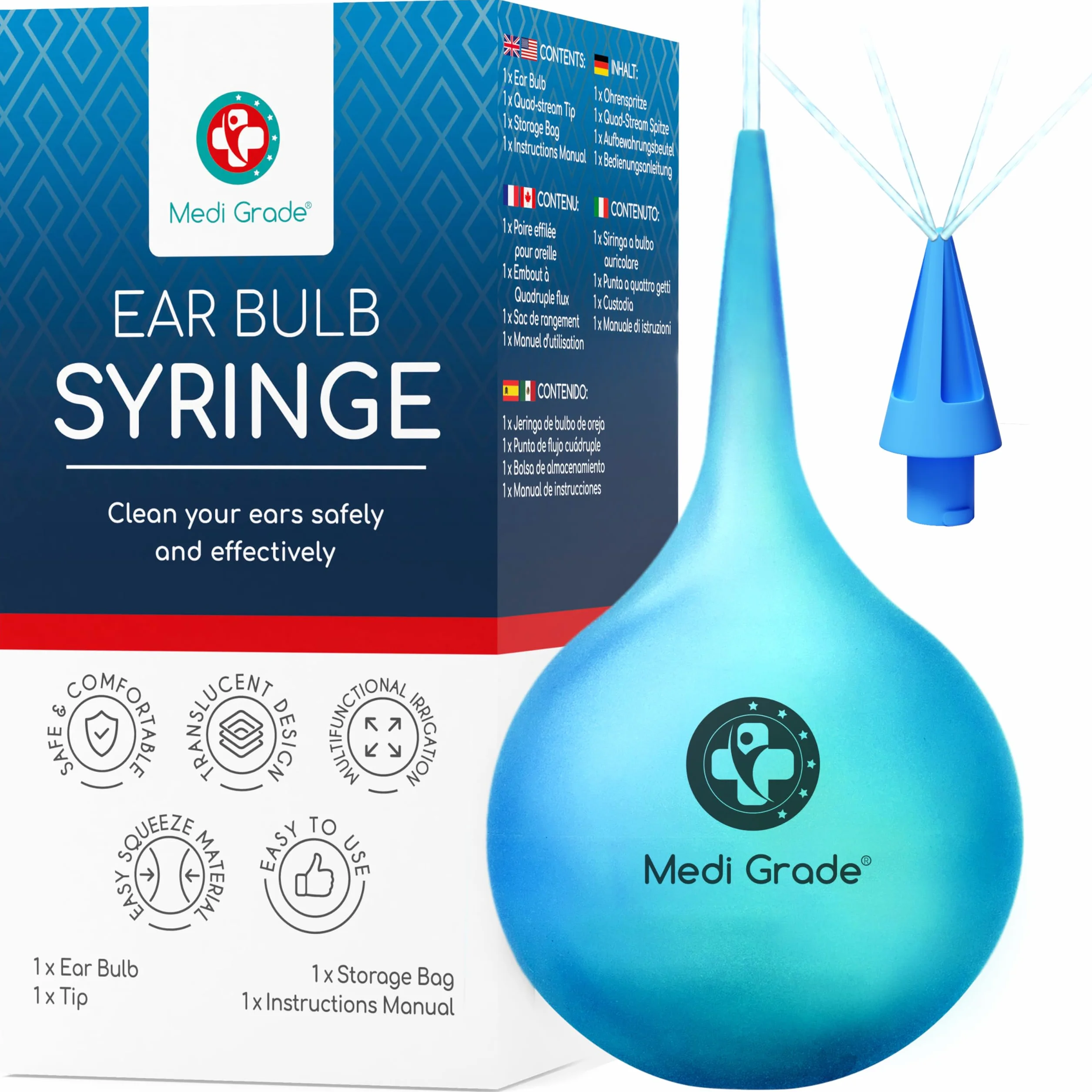 Medi Grade Seringue Plastique 75 ml pour Nettoyage Oreille avec Bout à Quadruple Jet