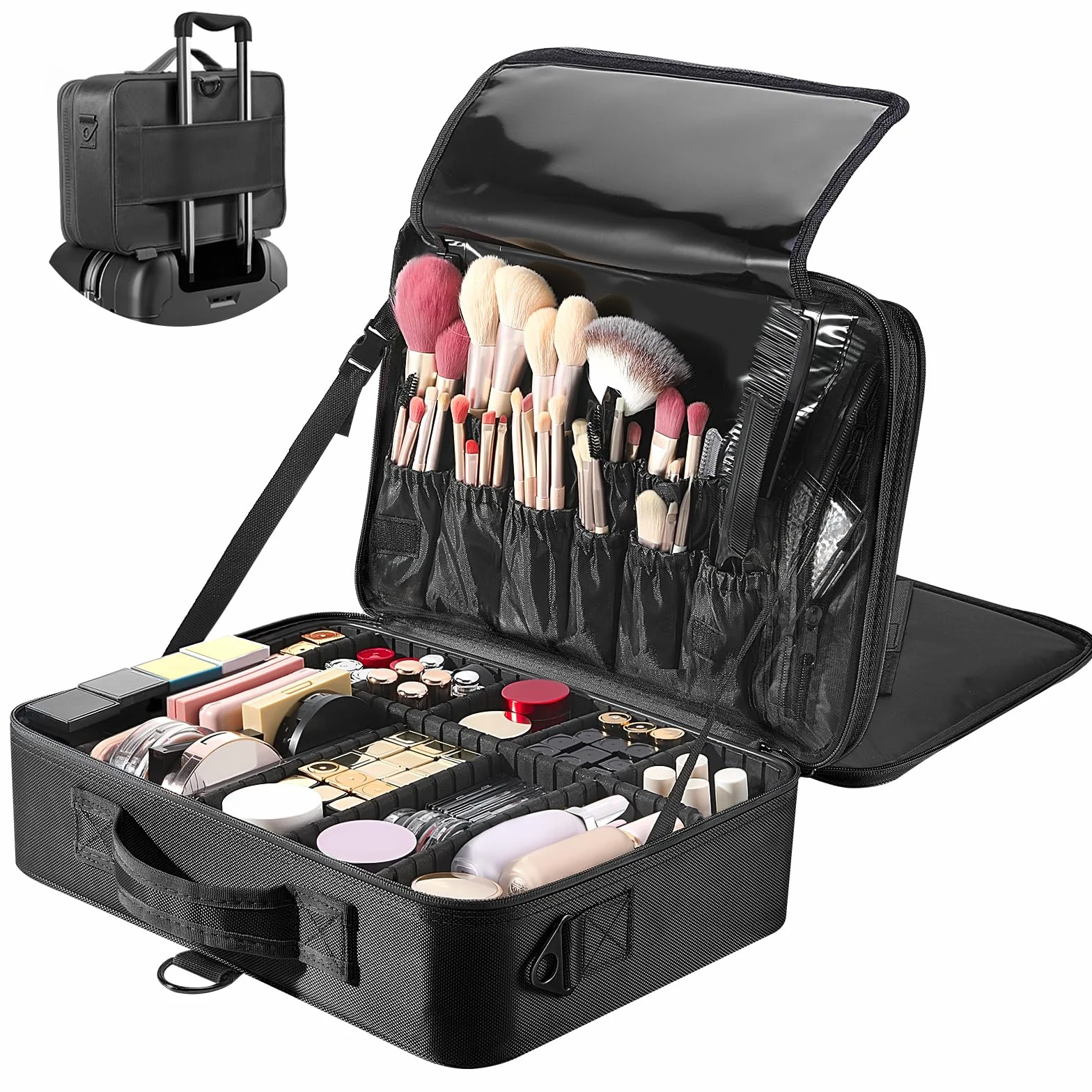 Luxspire Malette Maquillage Femme Trois Étages Portable Miroir Valise Sac Toilette Compartiment Réglable Noir
