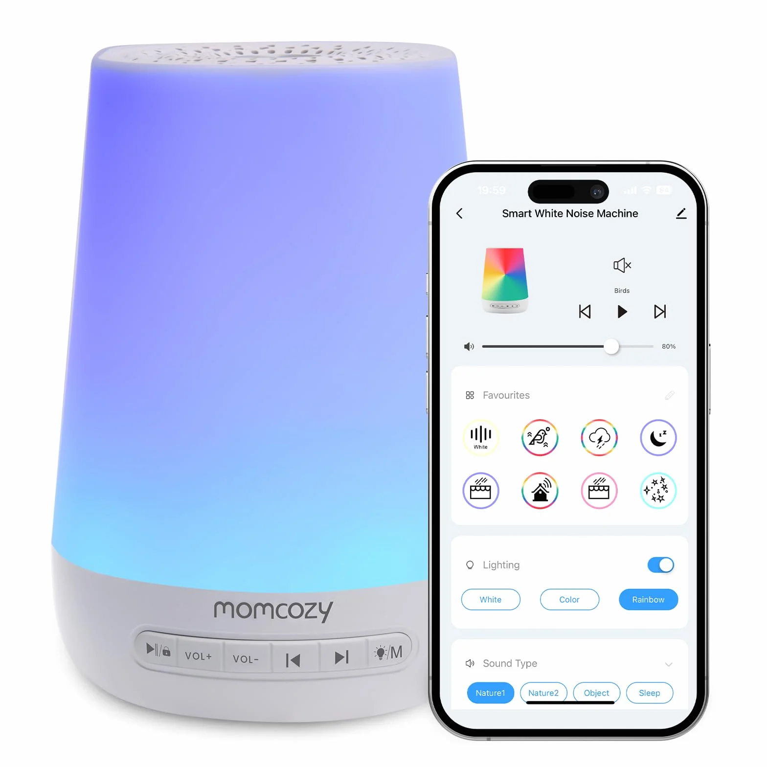 Momcozy Machine à bruit blanc avec 34 bruits apaisants, lampe pour bébé et adultes, contrôle APP