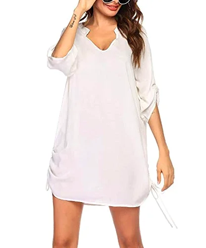Cache-maillot de plage pour femme avec col en V et imprimé papillon, blanc, XL
