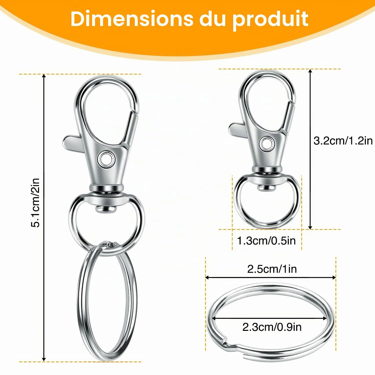 Porte-clés mousqueton anneau en acier inoxydable 40 pièces, ensemble alliage zinc pour bricolage artisanat maison voiture sport