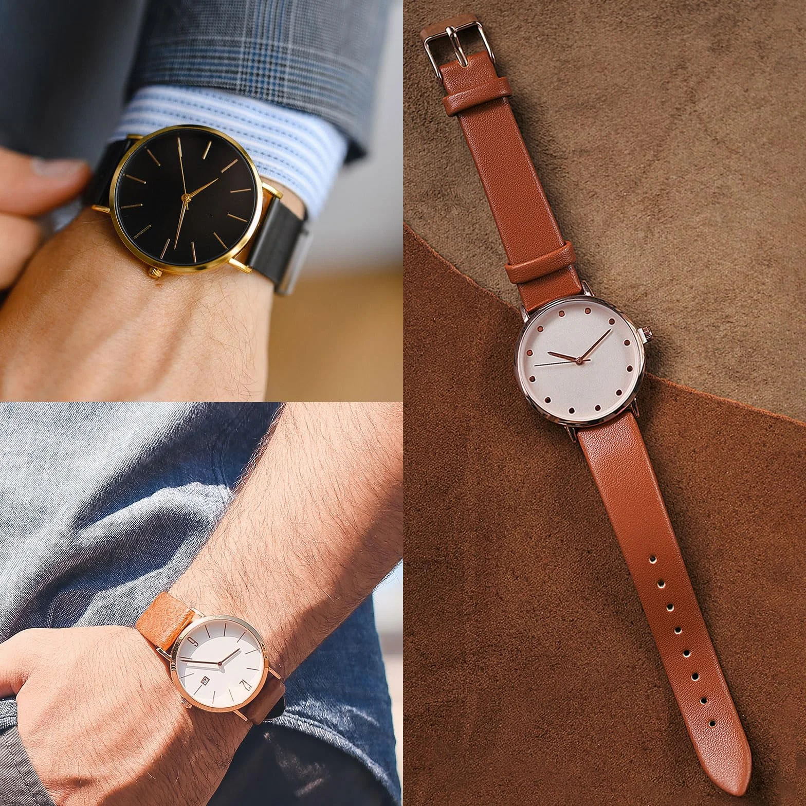 Bracelet Montre Plat Fin et Élégant en Véritable Cuir pour Homme et Femme