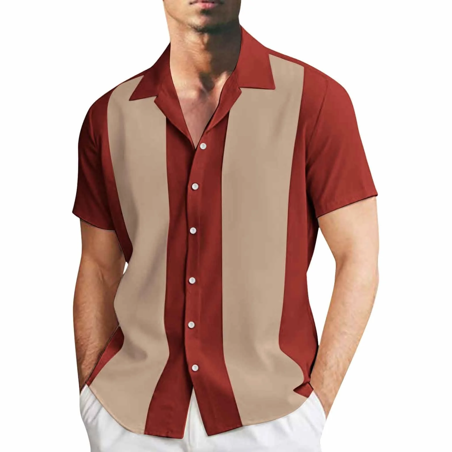 Chemise de Bowling Homme Rockabilly Classique Manches Courtes Bicolore rayée Boutonnée Coupe Droite