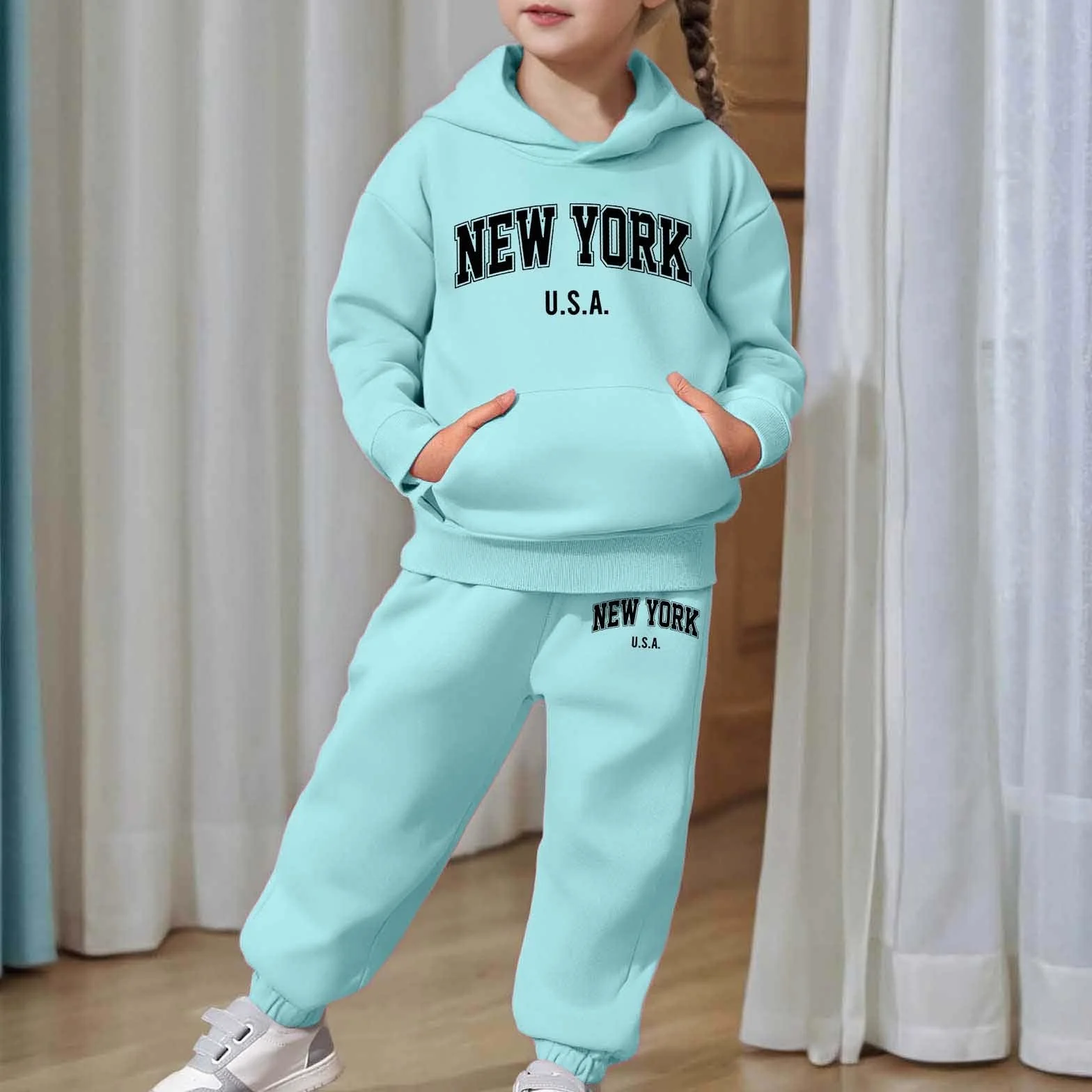 Survêtement enfant 2 pièces pull manches longues capuche pantalon jogging ensemble chaud impression lettre