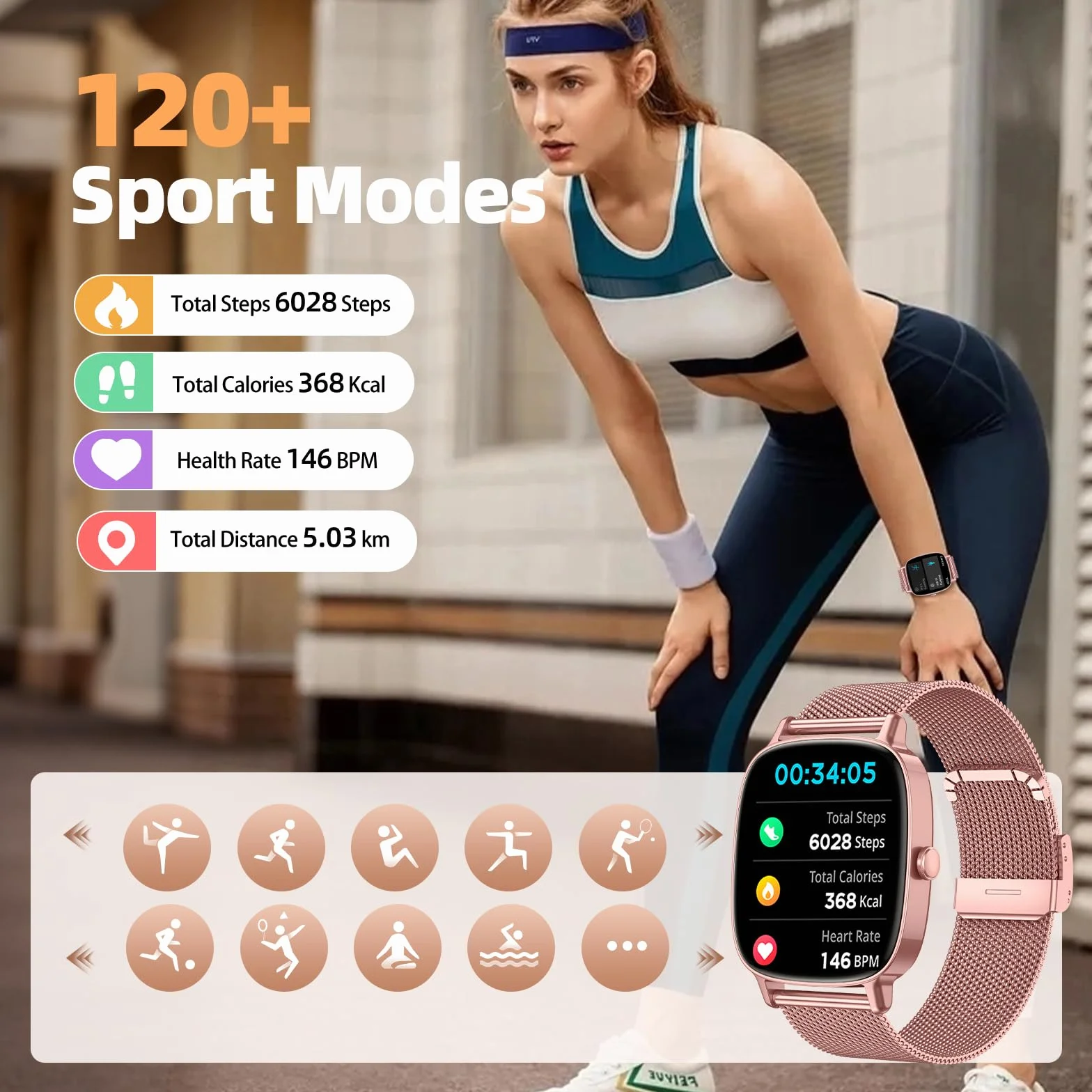 Montre connectée Femme 1,85 Pouces IP68 Cardiofréquencemètre Podomètre Rose