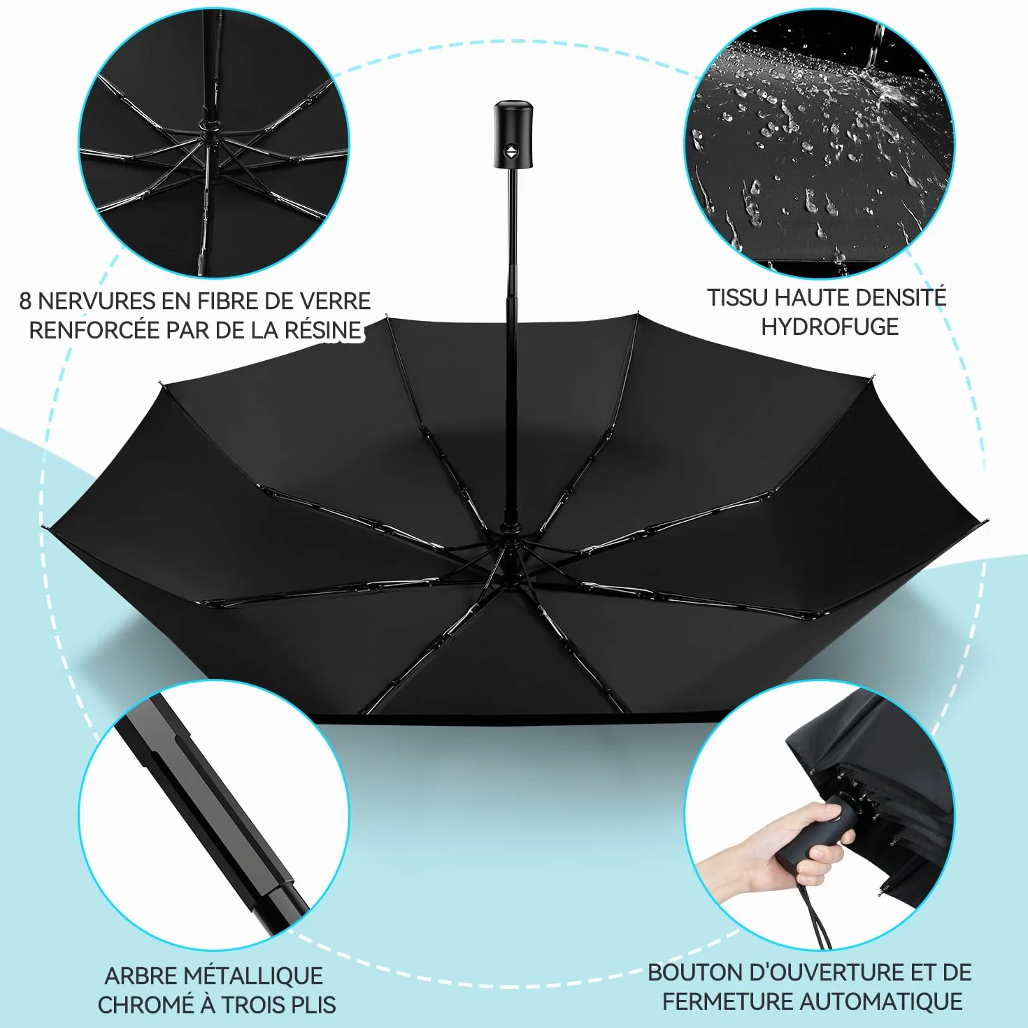 Parapluie Pliant Automatique Homme Femme Résistant à la Pluie Compacte Poignée Non Glissante