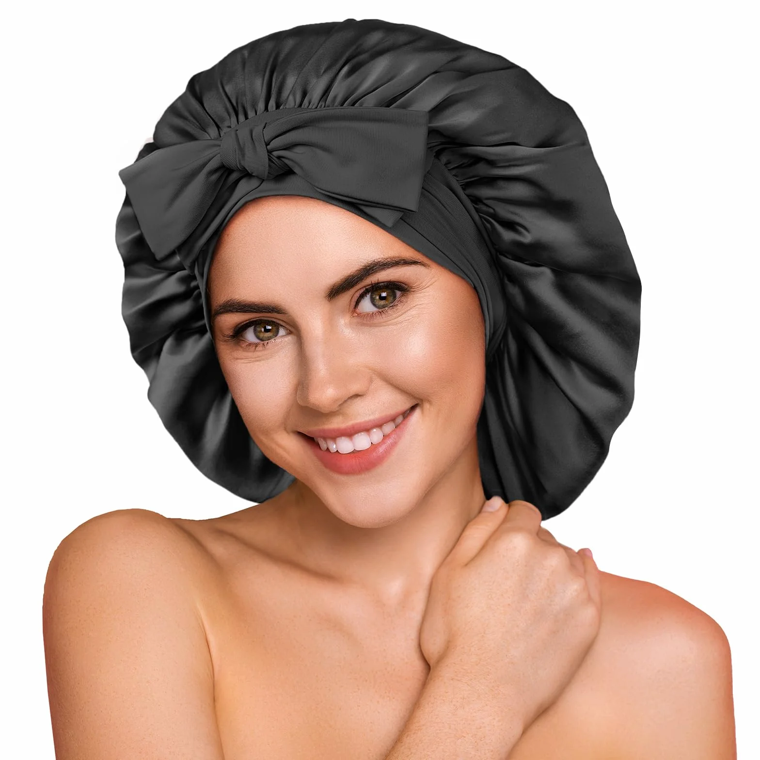 Bonnet de Nuit en Soie de Mûrier 22 Momme Umisleep, Double Couche pour Cheveux Frisés, Respirant, Large Bande Ajustable, Noir