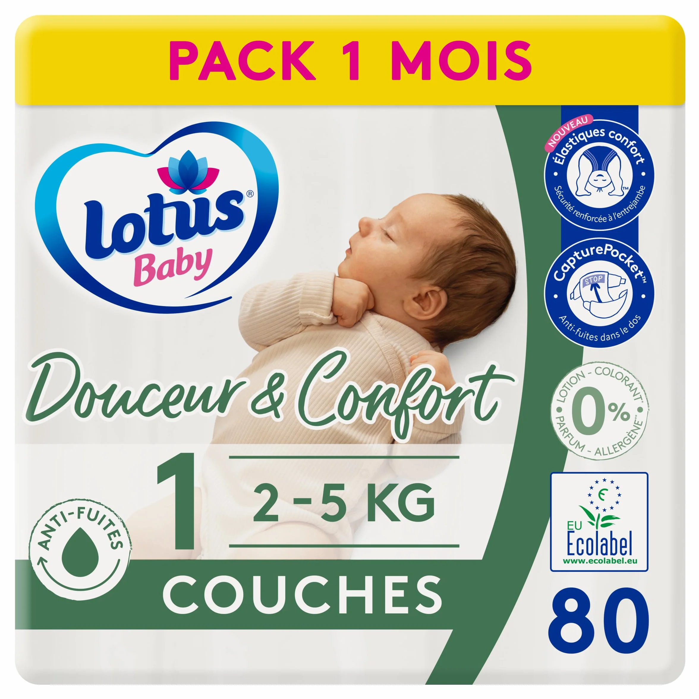 Lotus Baby Couches Taille 1 2-5 kg Nouveau-né Pack 1 Mois 80 Couches