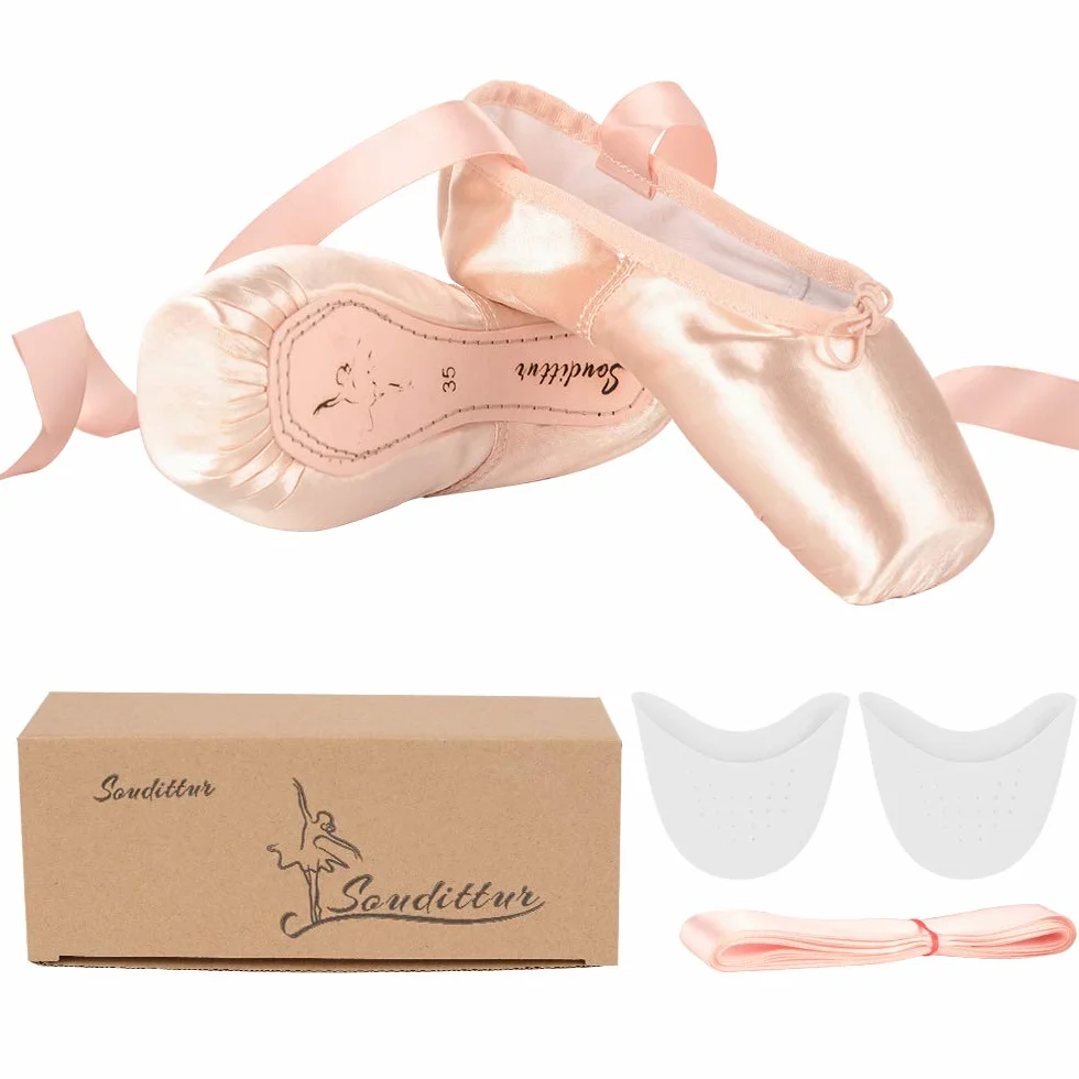 Soudittur Chaussures de Ballet de Pointe Rose Satin Rubans Danse Classique Femme Fille
