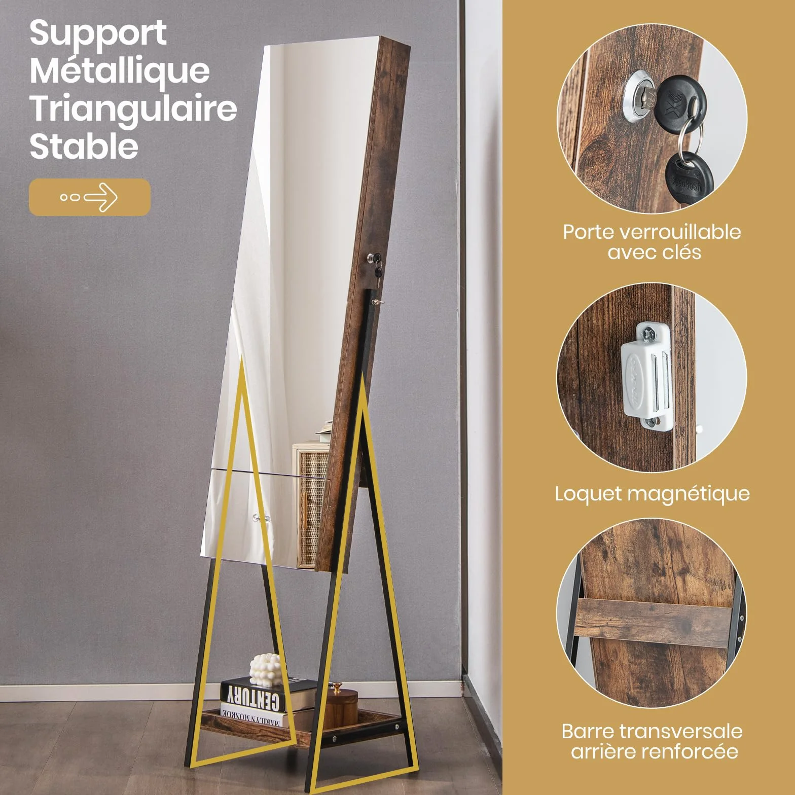 GOPLUS Armoire à Bijoux sur Pied 166CM avec Lumières LED 3 Couleurs, Miroir Pleine Longueur, Verrouillable (Marron)