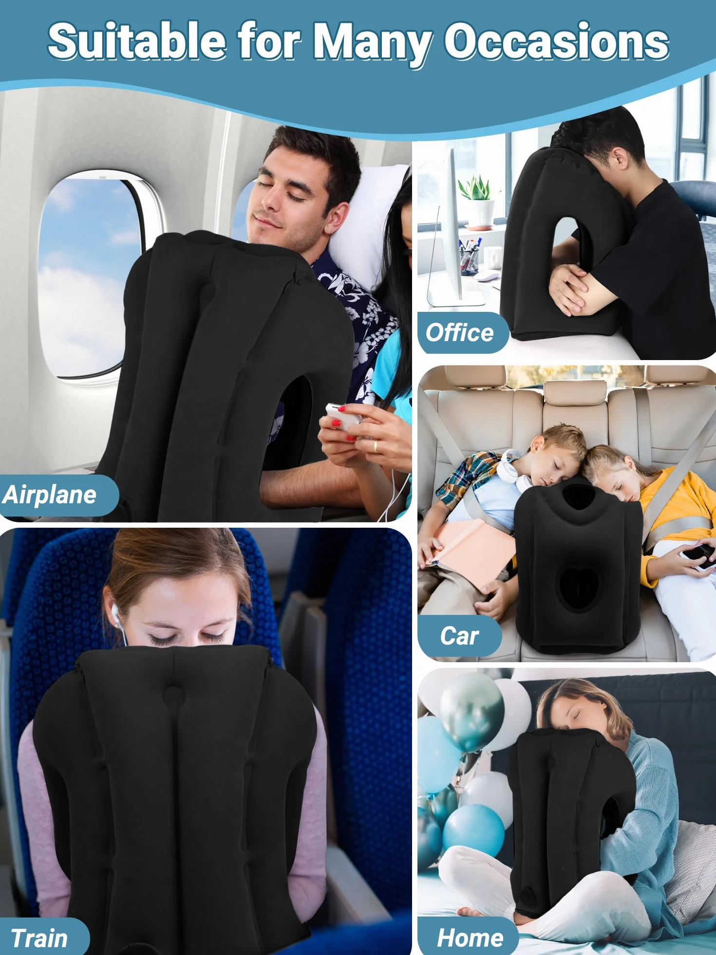 Oreiller de Voyage Gonflable Maliton avec Support d'appui-tête, Coussin Pliable pour Avion, Train, Maison ou Bureau - Noir