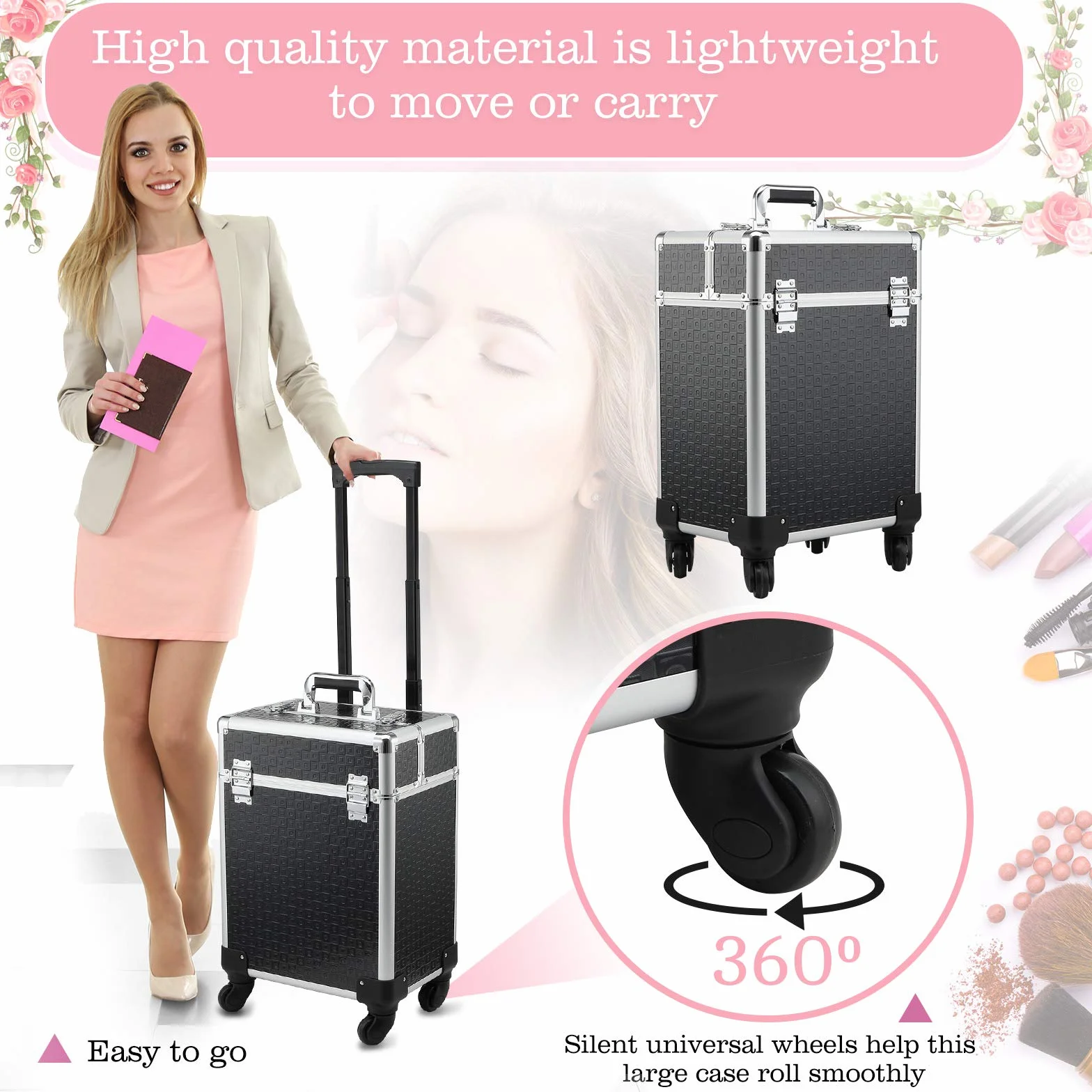 HOMCOM Valise Trolley Maquillage Mallette cosmétique Vanité 34x24x52 cm Aluminium Noir