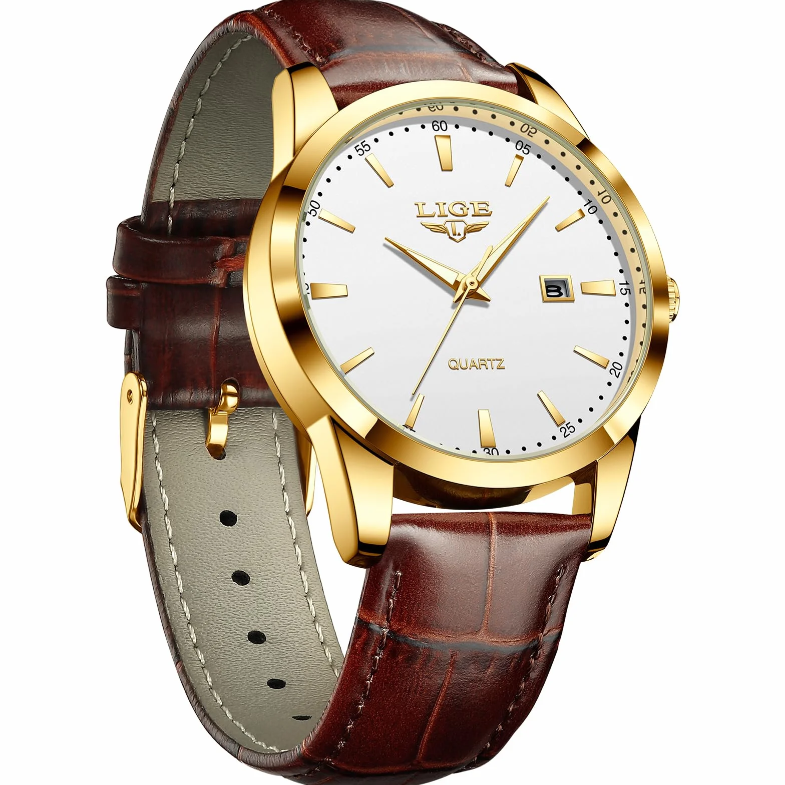 LIGE Montre Hommes Date Étanche Quartz Cuir Jaune-Brun